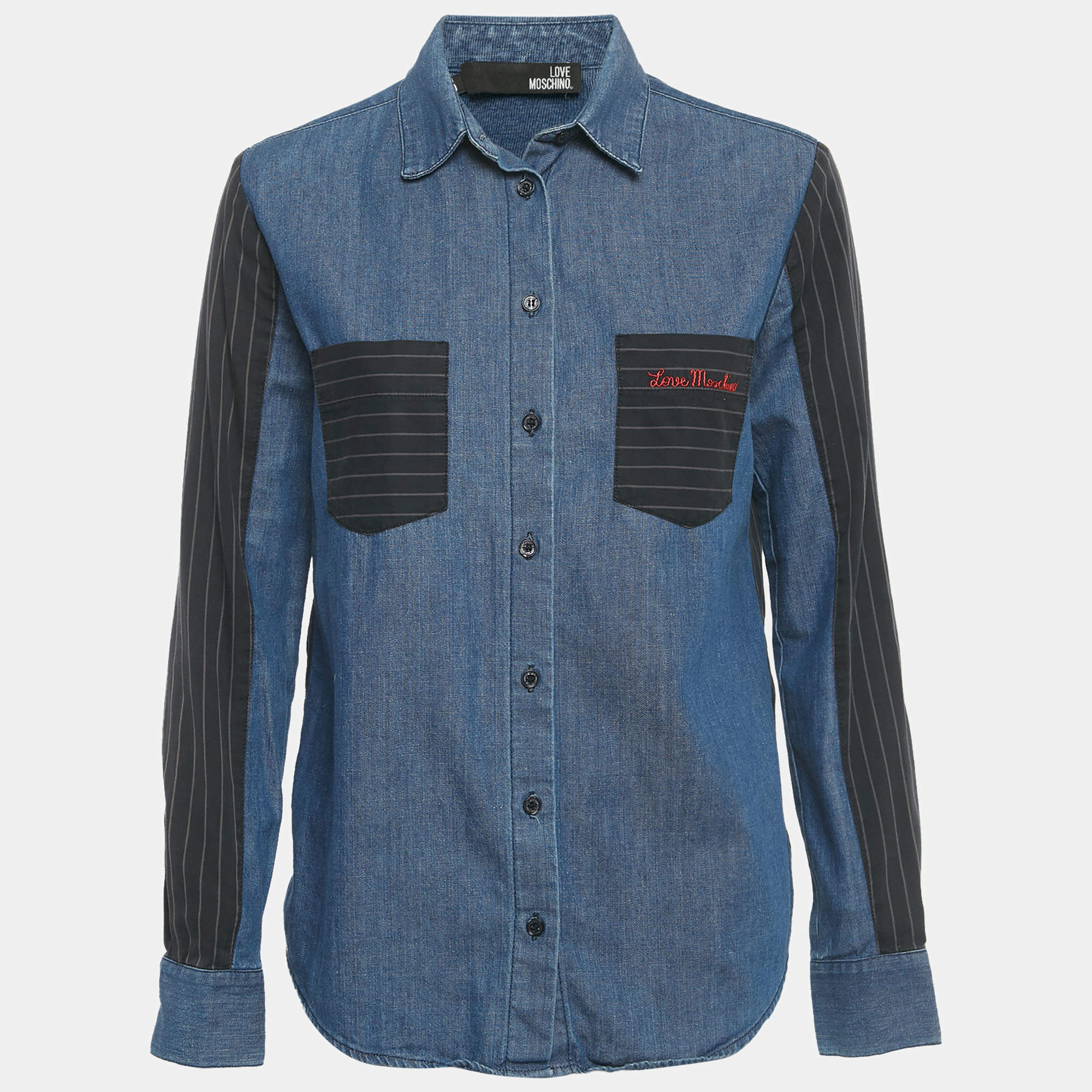 Pre Owned Love Moschino Blue Striped Denim Button Front Shirt S