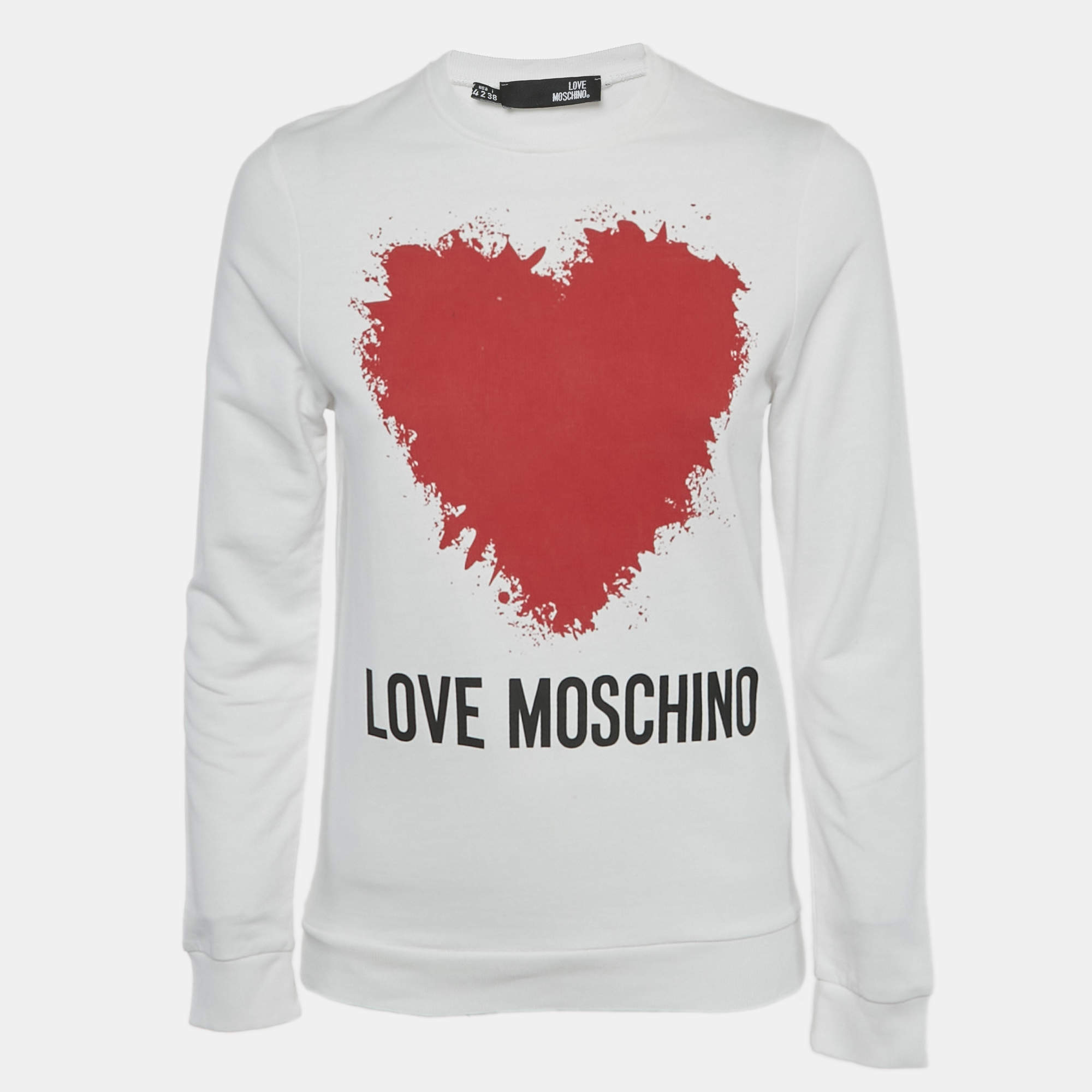 Pre Owned Love Moschino White Heart Print Cotton Sweatshirt S