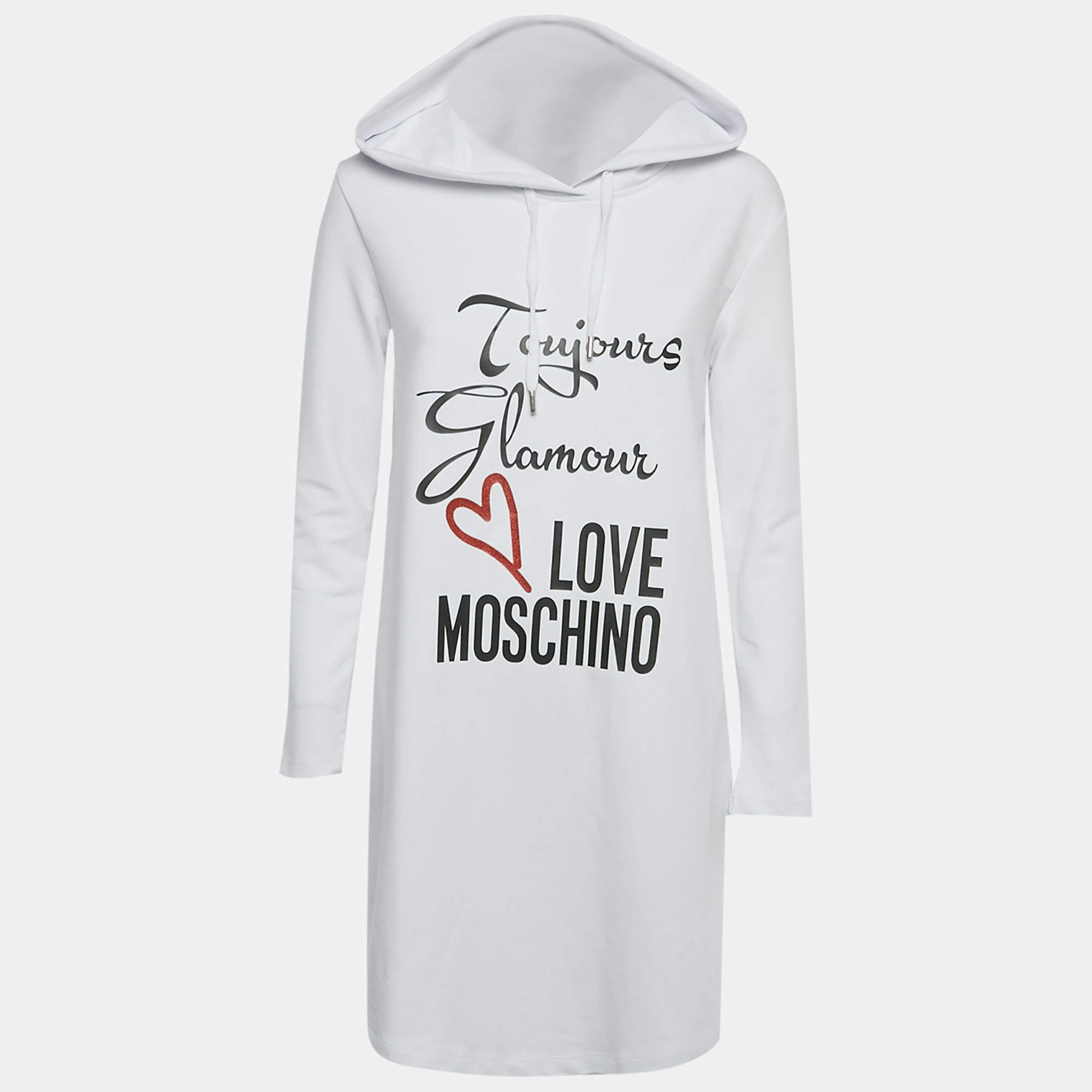 Pre Owned Love Moschino White Printed Cotton Hoodie Dress S