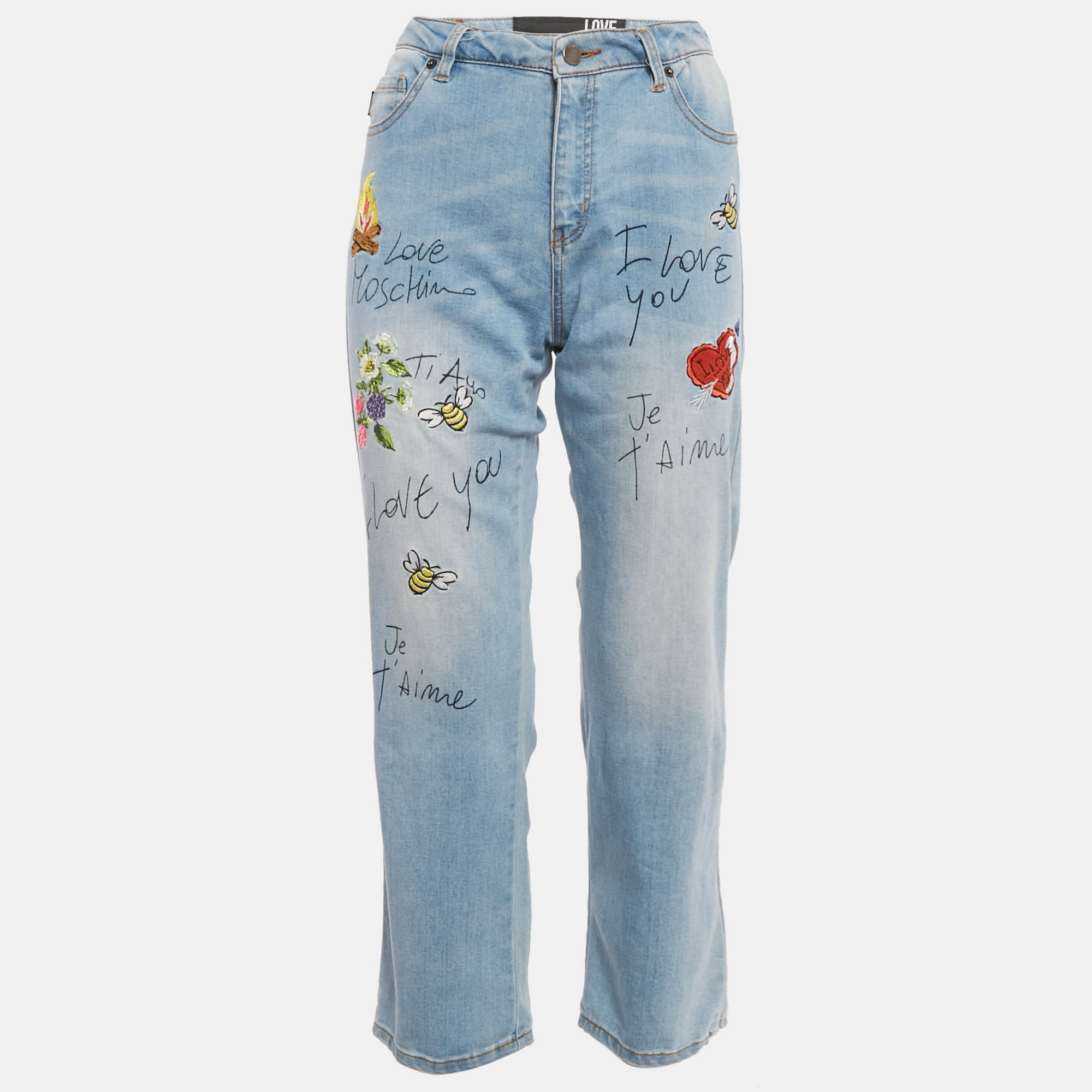 Pre Owned Love Moschino Blue Embroidered Denim Jeans S Waist 30"