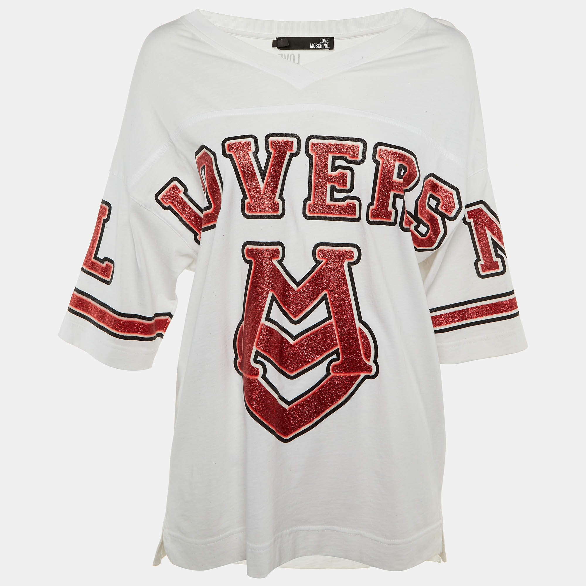 Pre Owned Love Moschino White Lovers Glitter Print Cotton Oversized T-Shirt S