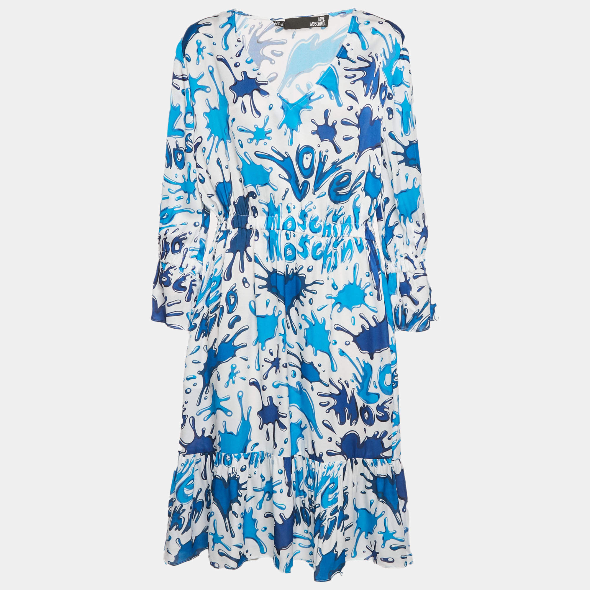 Pre Owned Love Moschino Blue/White Paint Splashed Satin Midi Dress M