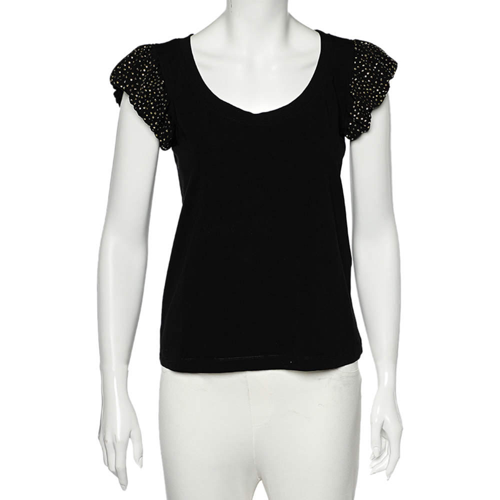 Love Moschino Black Cotton Knit Embellished Puff Sleeve T-Shirt M