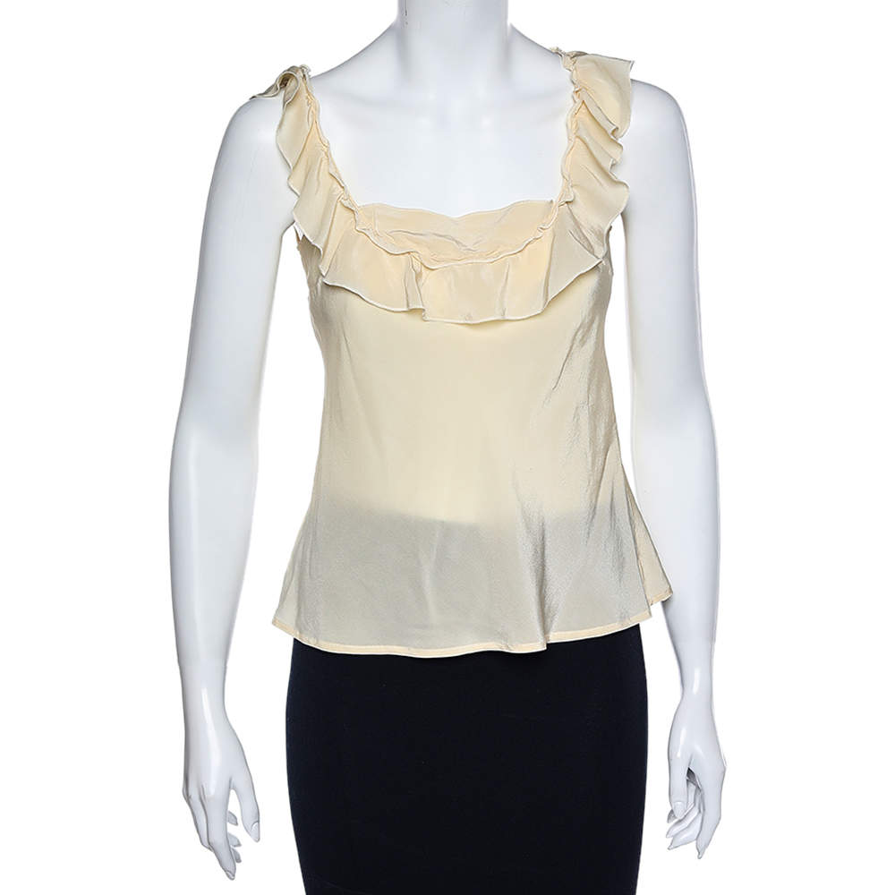Love Moschino Cream Silk Ruffled Neck Sleeveless Top S