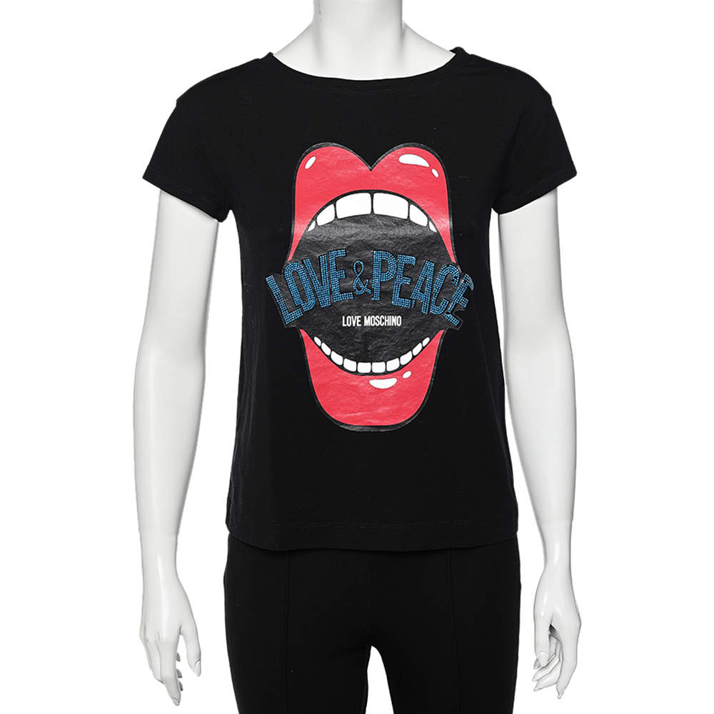 Love Moschino Black Mouth Printed Love & Peace Embellished Cotton T-Shirt S