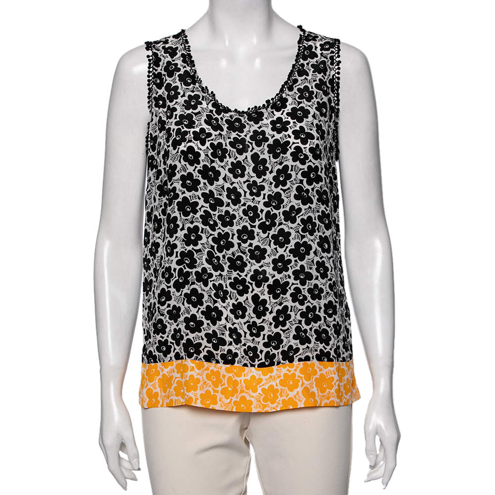 Love Moschino White Floral Printed Silk Embroidered Trim Top M
