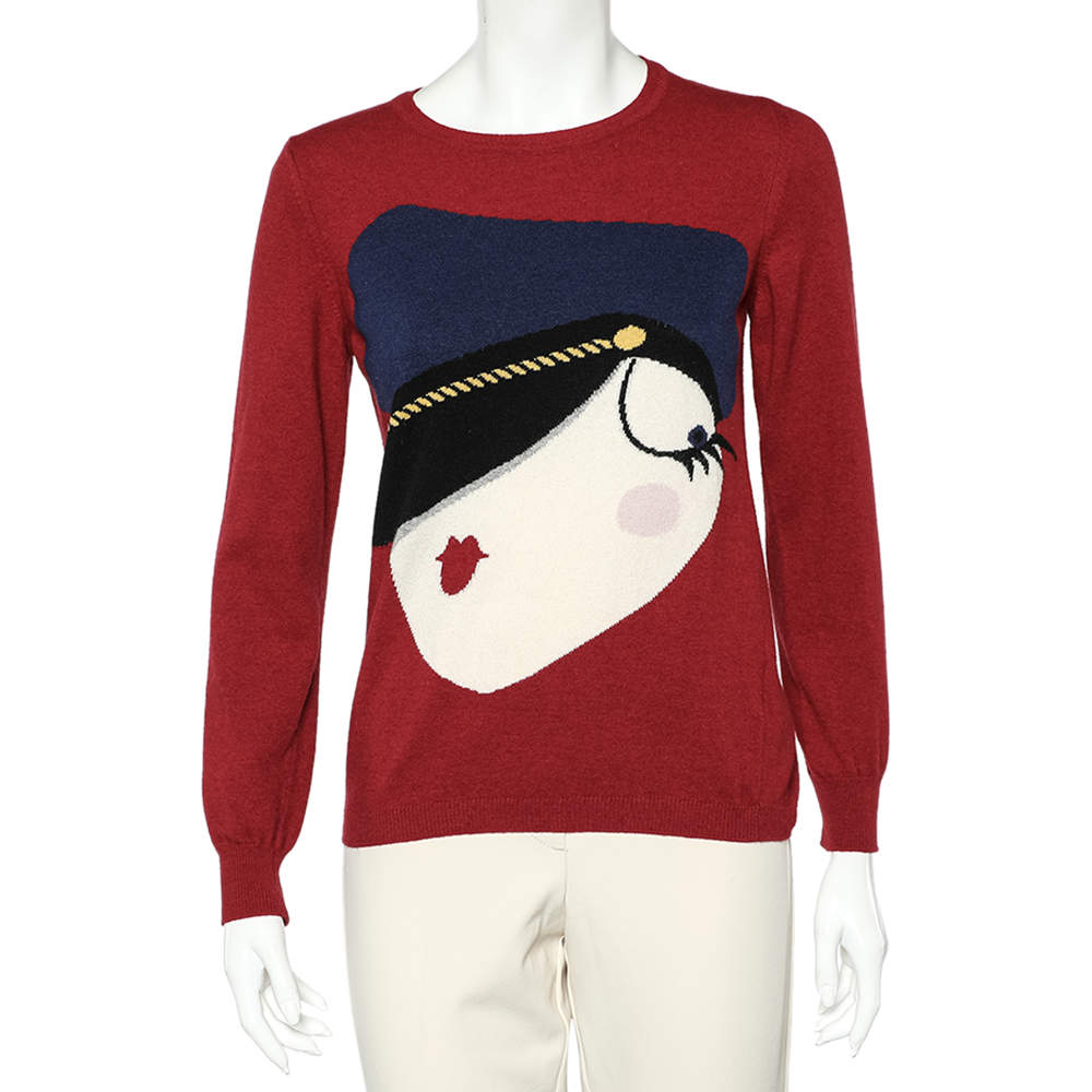 Love Moschino Red Intarsia Wool Knit Jumper M