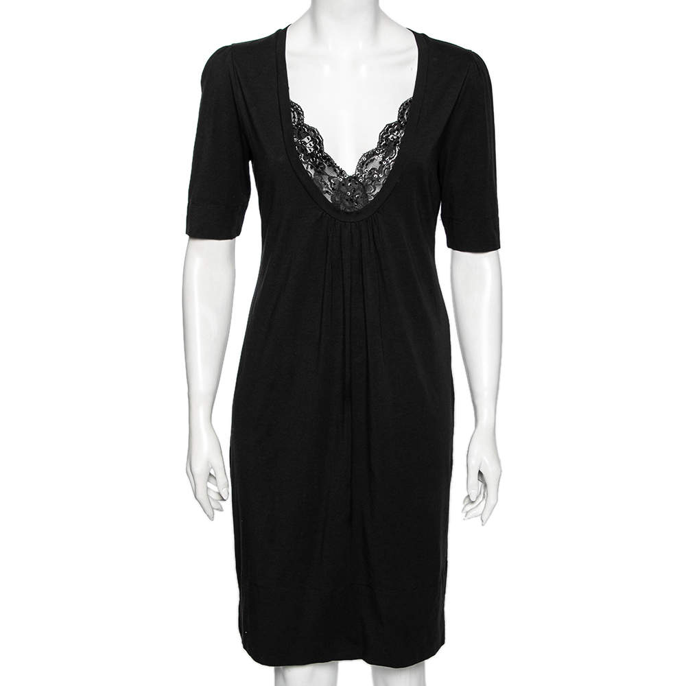 Pre Owned Love Moschino Black Cotton Embellished Lace Trim Detailed Dress M 