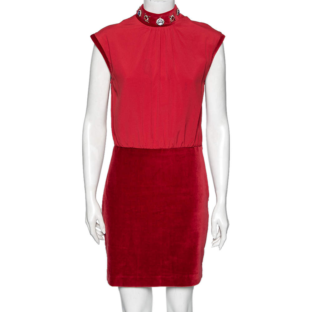 Love Moschino Red Chiffon & velvet Paneled Embellished Detail Sleeveless Sheath Dress M