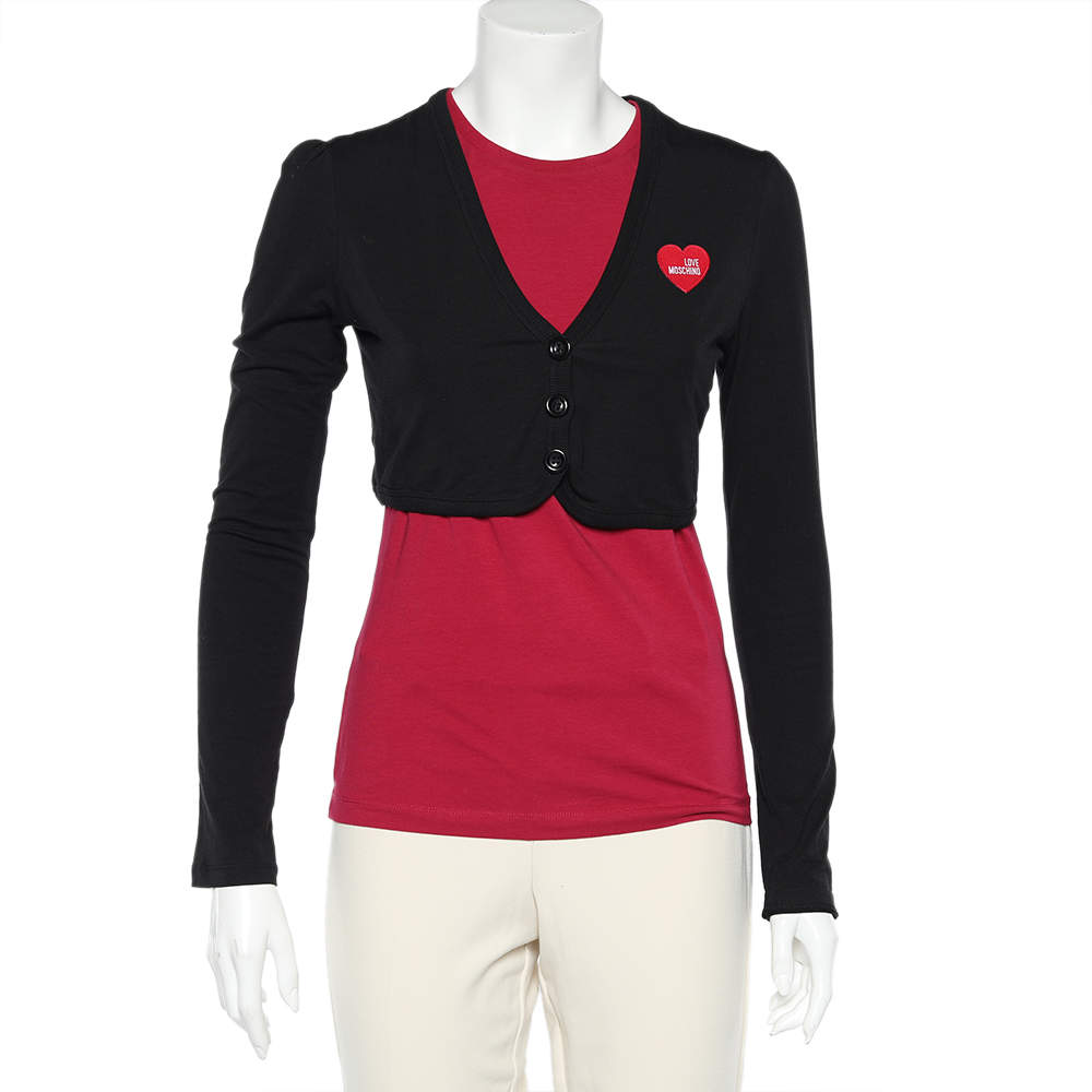 Pre Owned Love Moschino Pink & Black Cotton Shrug Detail T-Shirt M