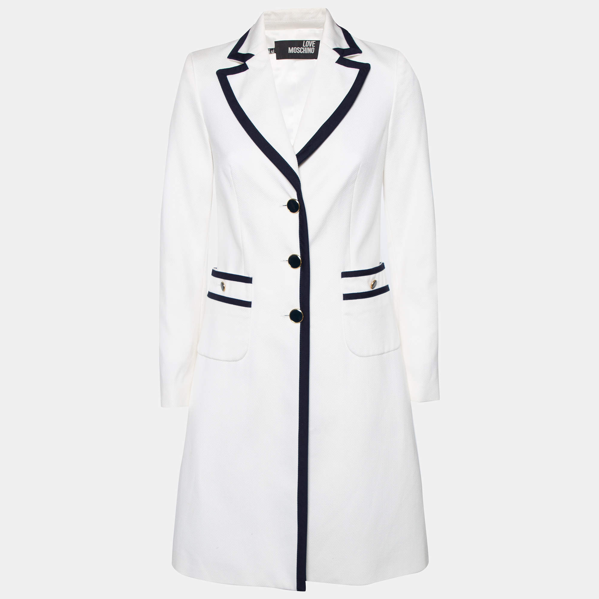 Love Moschino White Textured Cotton Contrast Trimmed Coat M