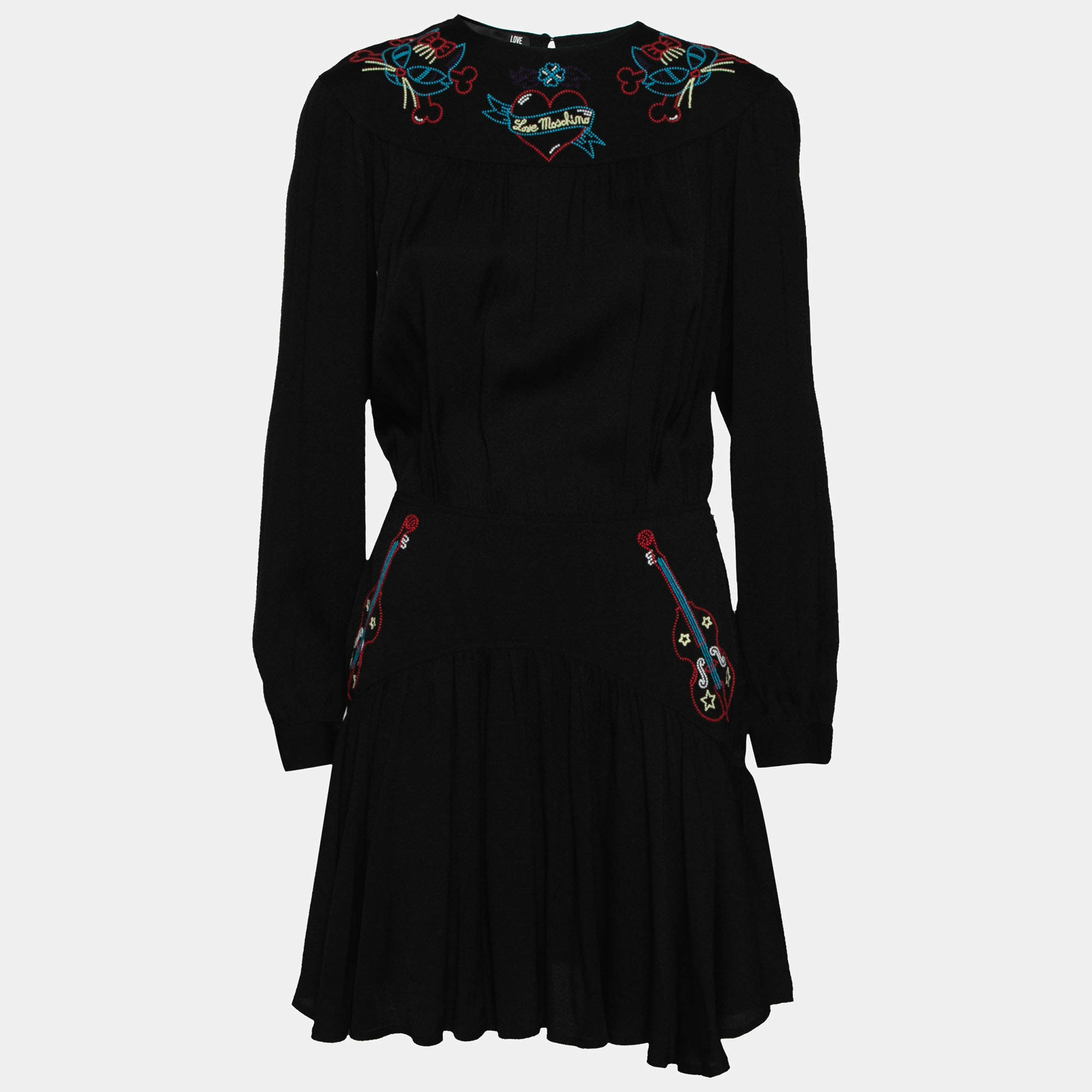 Love Moschino Black Crepe Embroidered Flared Hem Long Sleeve Dress M