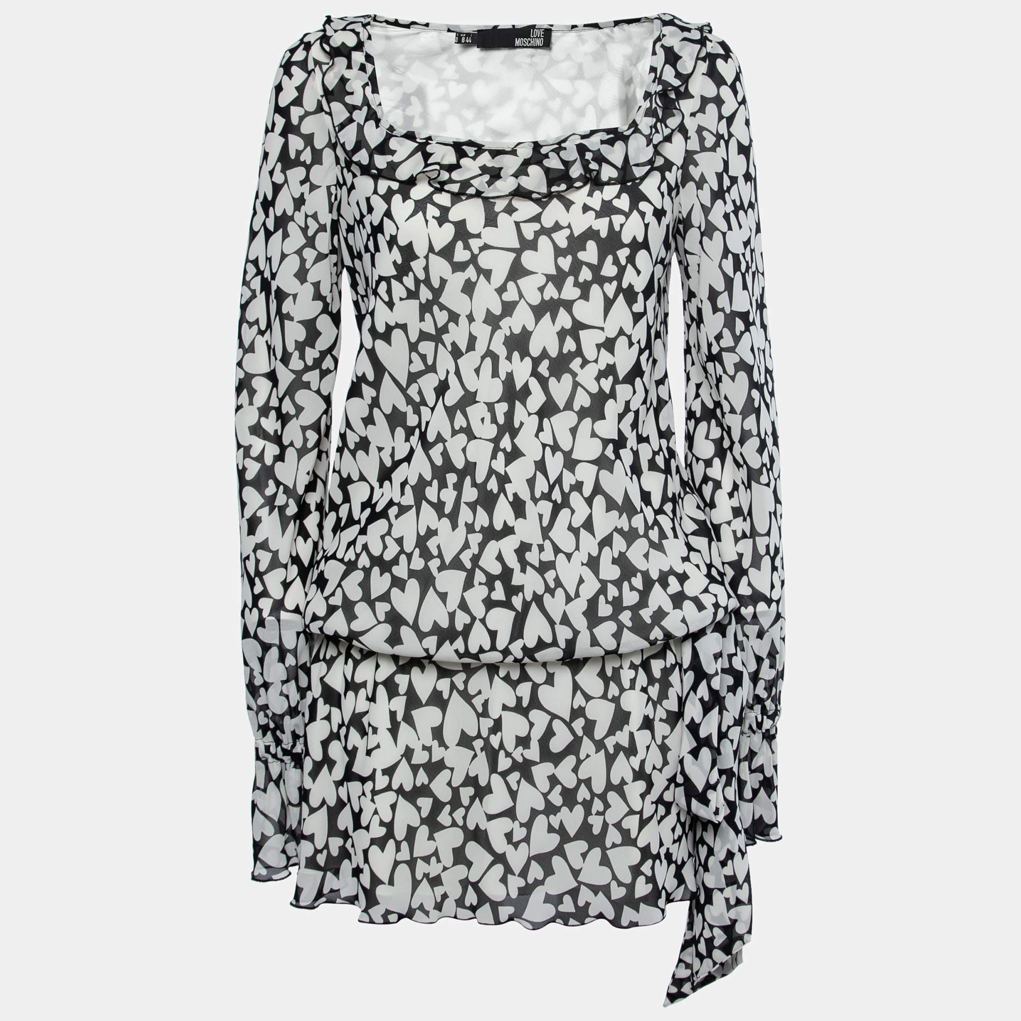 Love Moschino Monochrome heart Printed Chiffon Tie Detail Mini Dress M