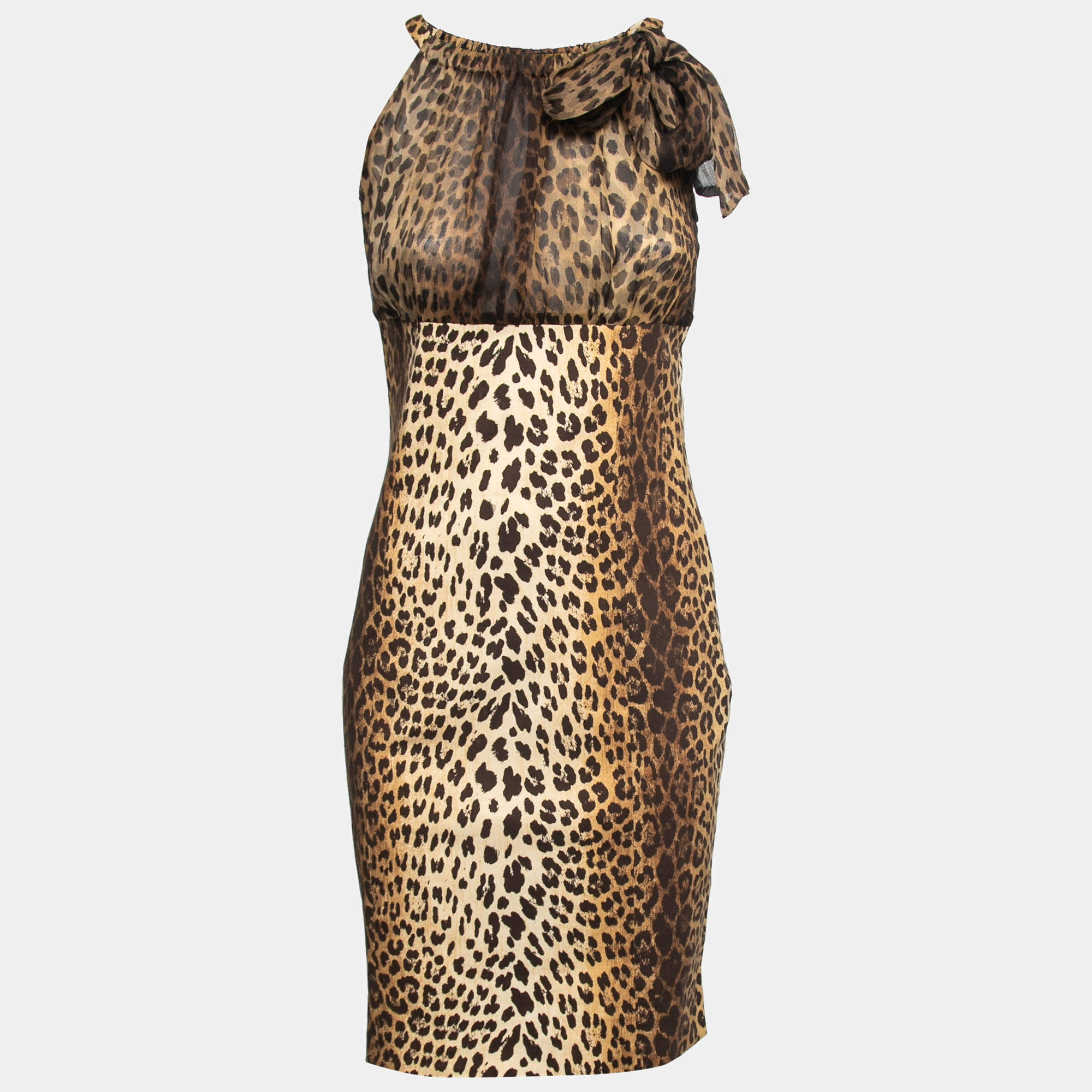 Pre Owned Love Moschino Brown Leopard Print Silk & Cotton Mini Dress M