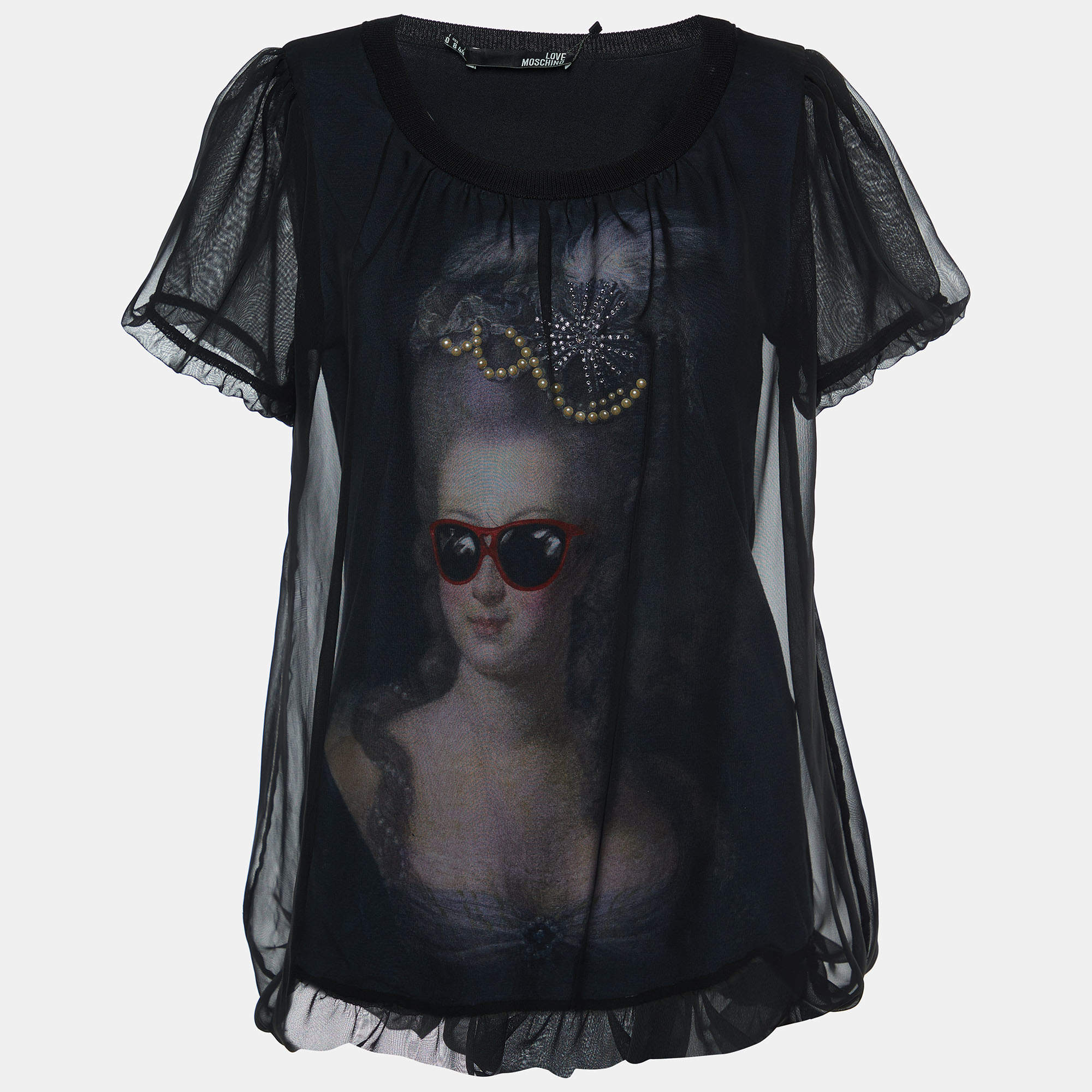 Pre Owned Love Moschino Black Printed Cotton Knit Chiffon Overlay T-Shirt M