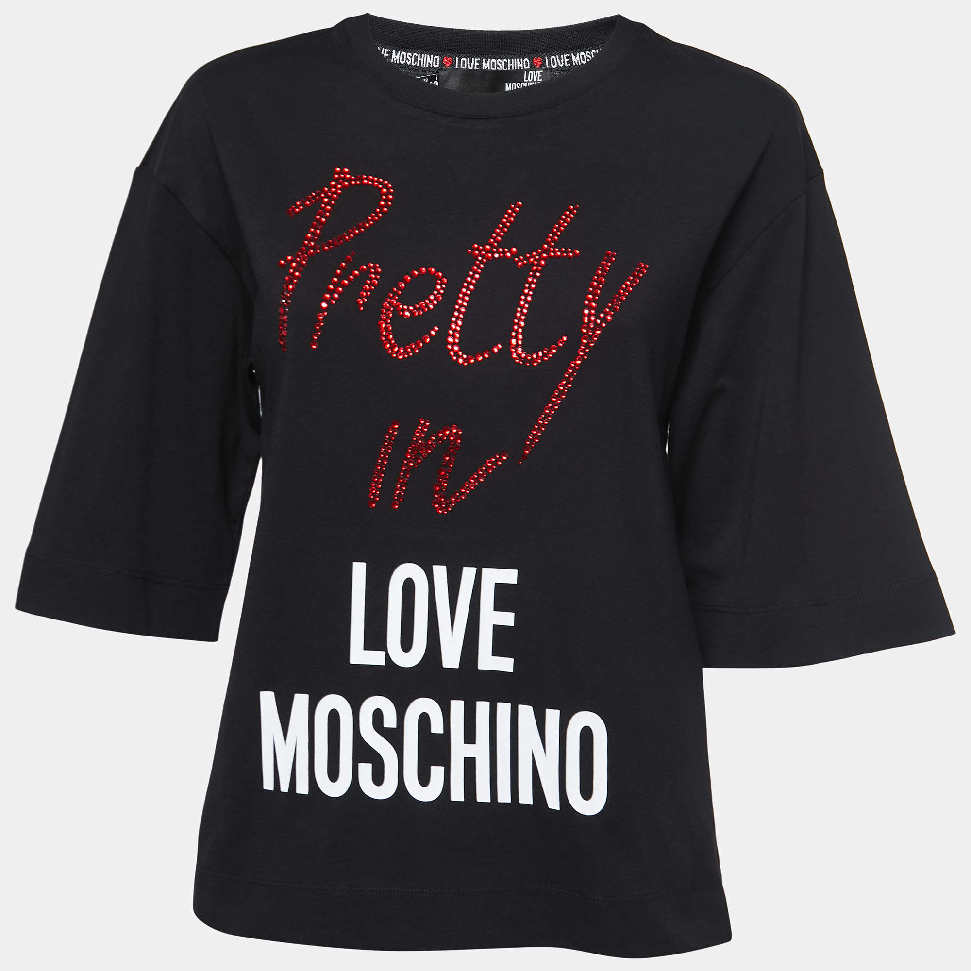 Love Moschino Black Logo Print Cotton Embellished T-Shirt S