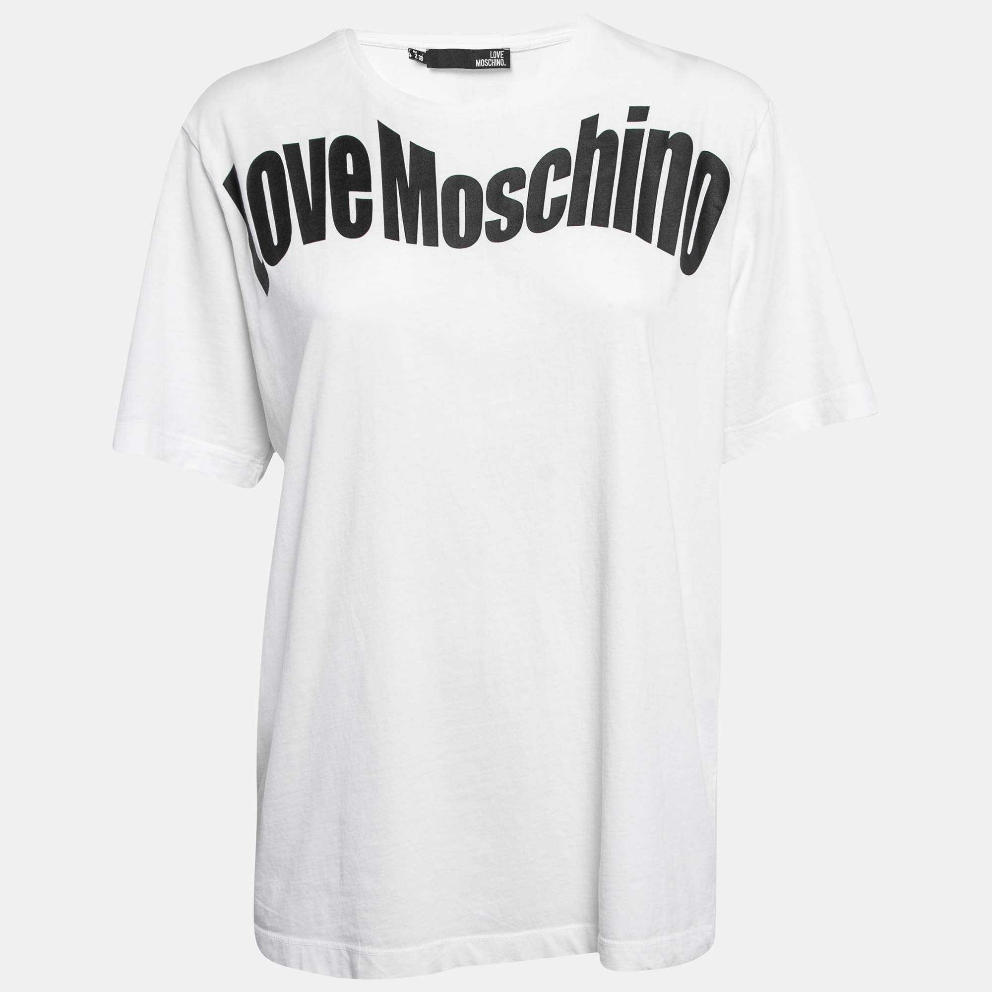 Pre Owned Love Moschino White Logo Printed Cotton Crew Neck Half Sleeve T-Shirt S