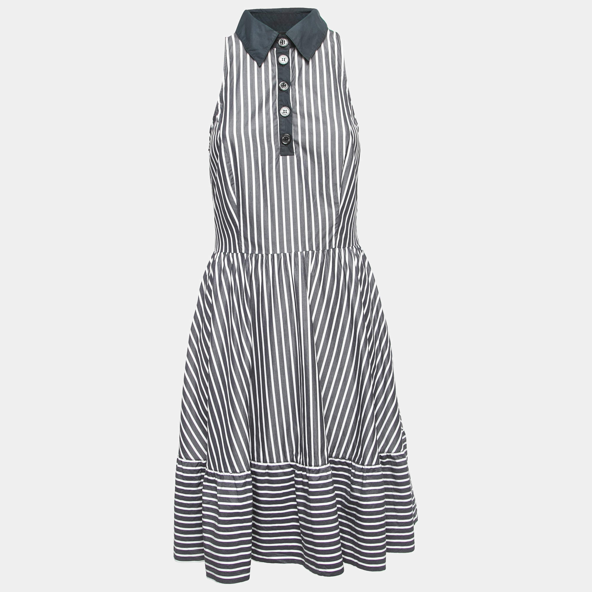 Pre Owned Love Moschino Grey Striped Cotton Contrast Detail Sleeveless Midi Dress M