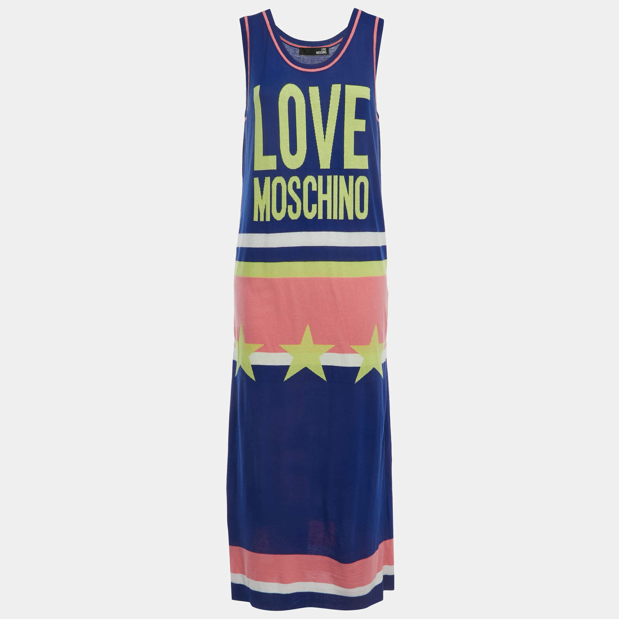 Pre Owned Love Moschino Blue Knit Logo Sleeveless Maxi Dress M