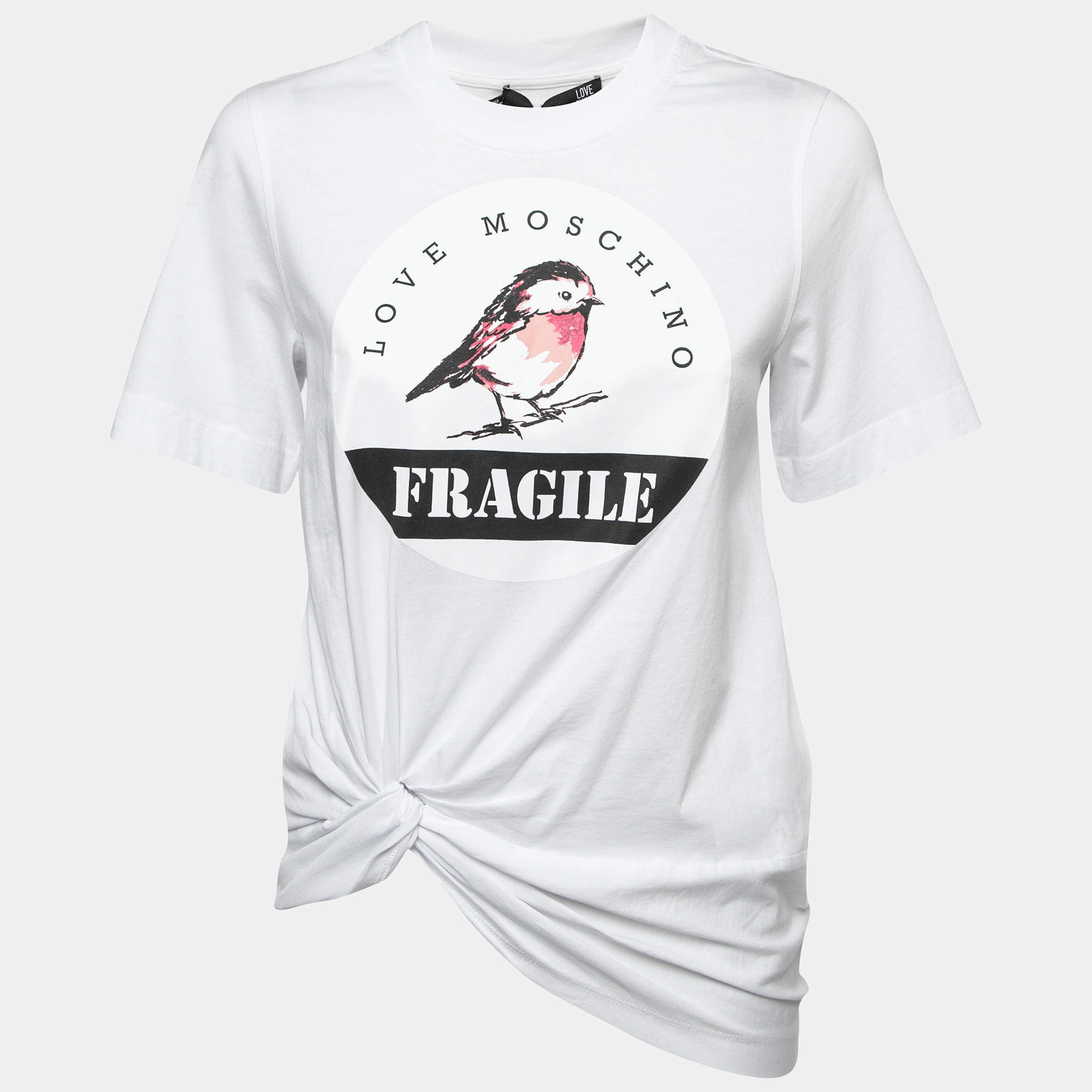 Pre Owned Love Moschino White Logo Print Cotton Draped Half Sleeve T-Shirt S
