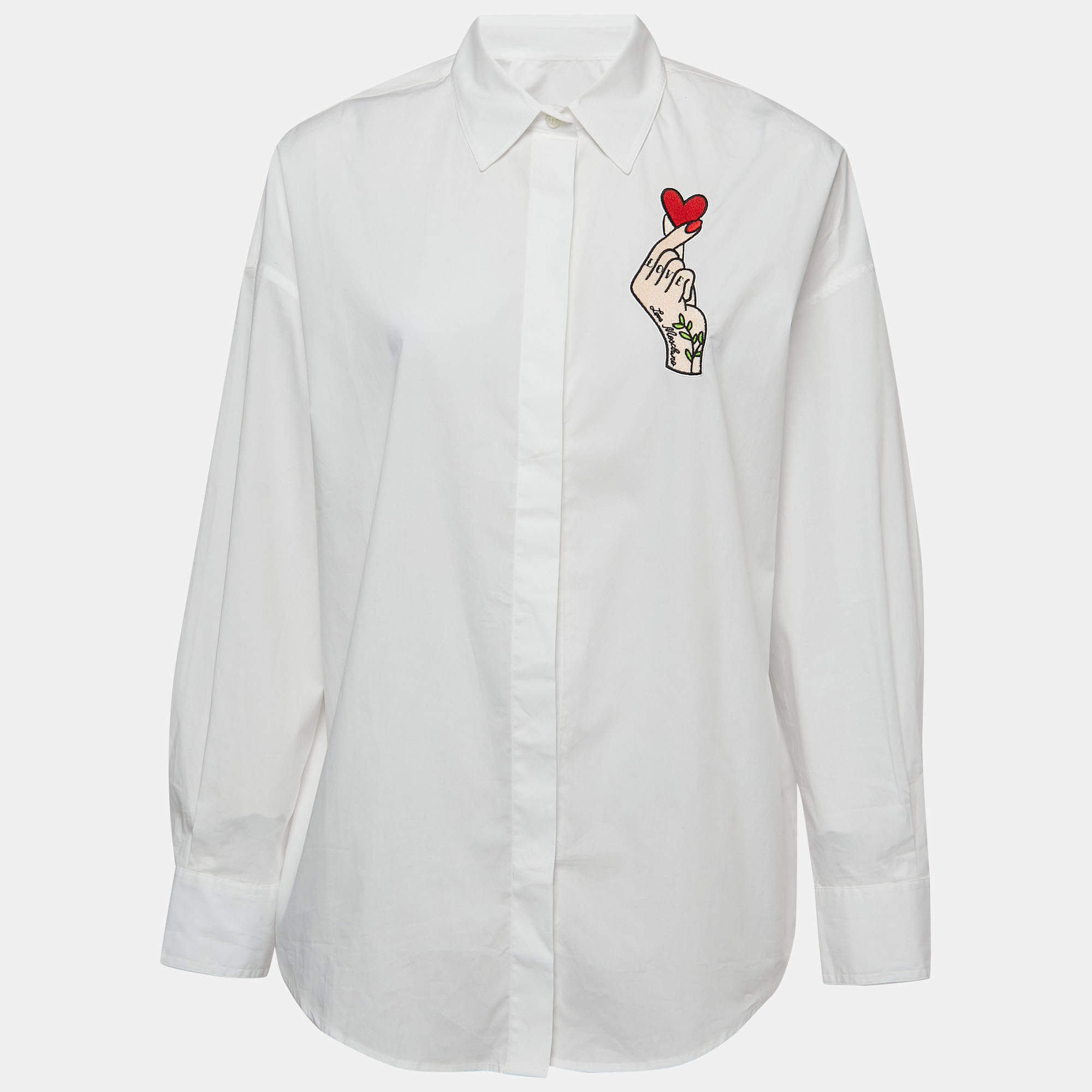 Pre Owned Love Moschino White Embroidered Cotton Full Sleeve Oversized Shirt M