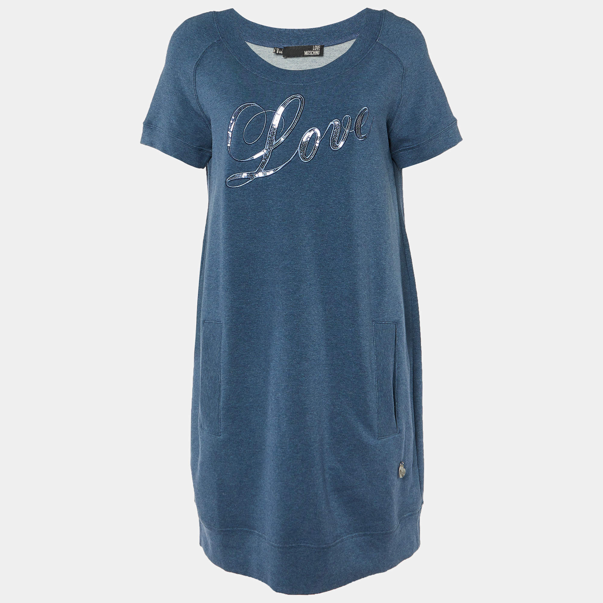 Love Moschino Blue Cotton Knit Sequin logo Embroidered Sweater Mini Dress M