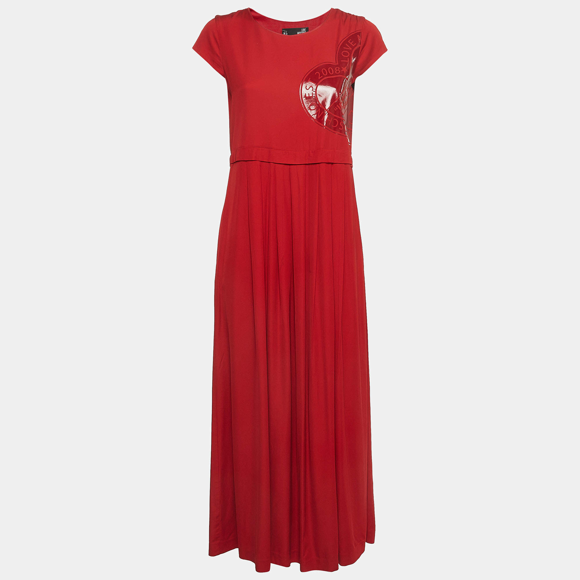 Pre Owned Love Moschino Red Crepe Leather Patch Pleated Maxi Dress S