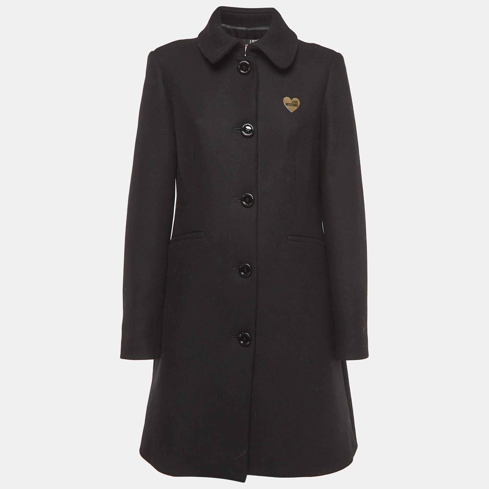 Pre Owned Love Moschino Black Wool Blend Logo Detail Mid-Length Coat M