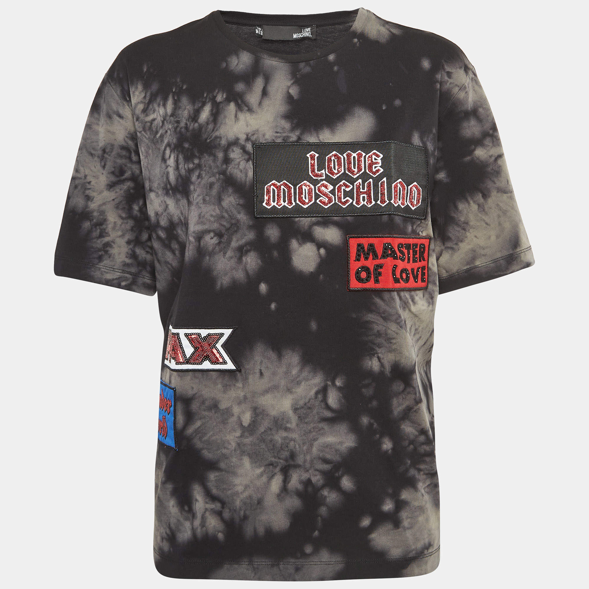 Pre Owned Love Moschino Black Tie-Dye Applique Short Sleeve T-Shirt S