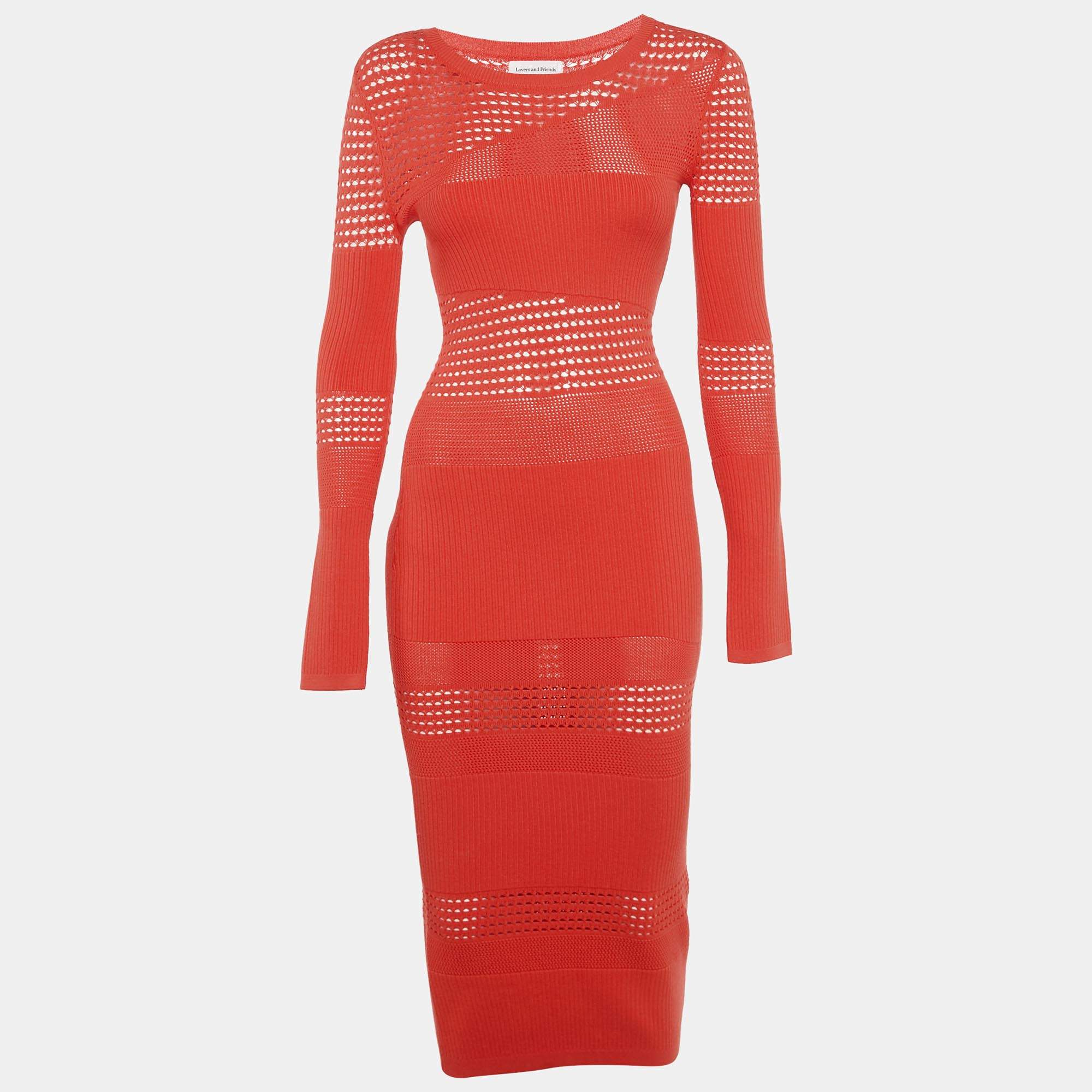 Pre Owned Lovers & Friends Orange Patterned Rib Knit Tianna Maxi Dress XS