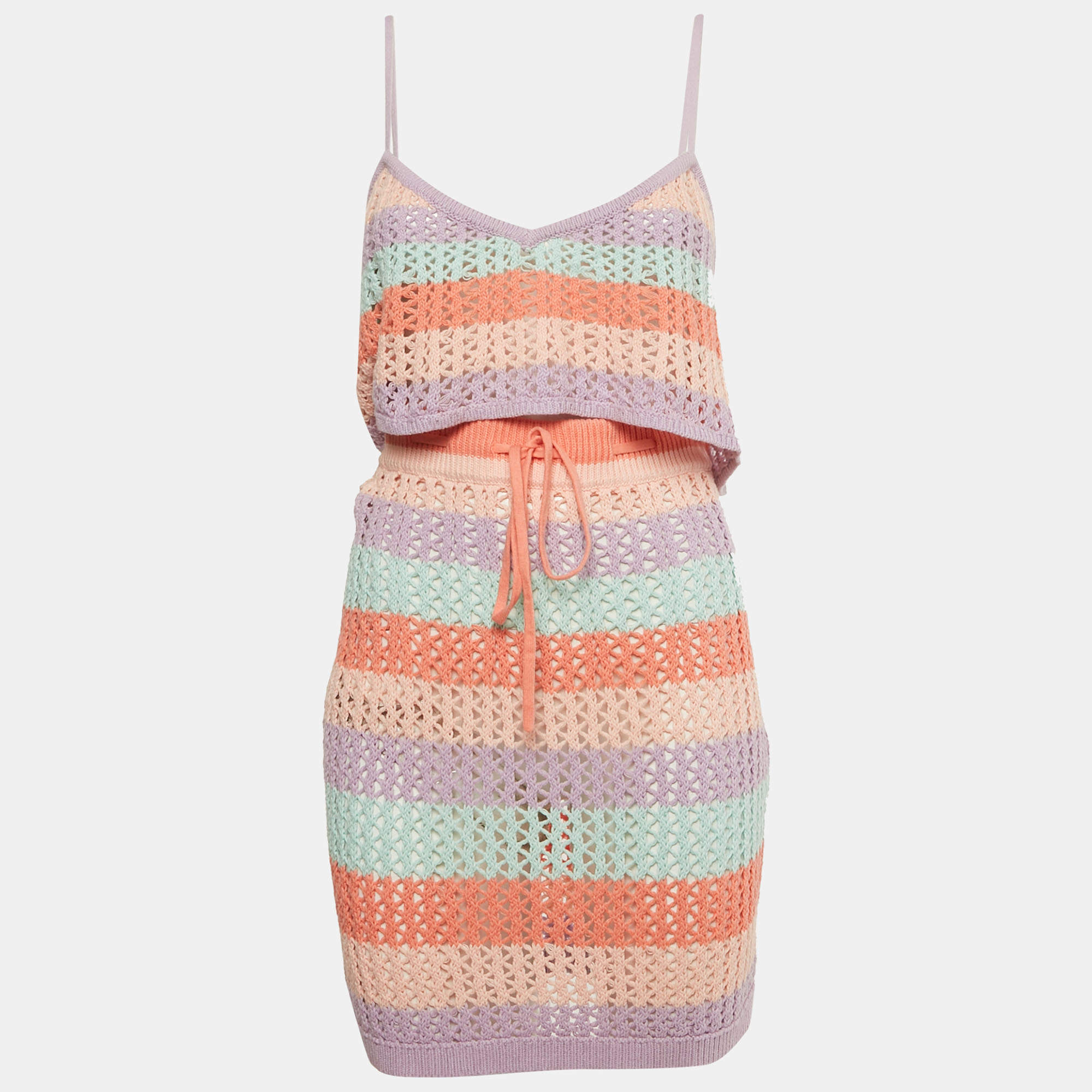 Pre Owned Lovers + Friends Pink/Blue Striped Crochet Skirt and Top L