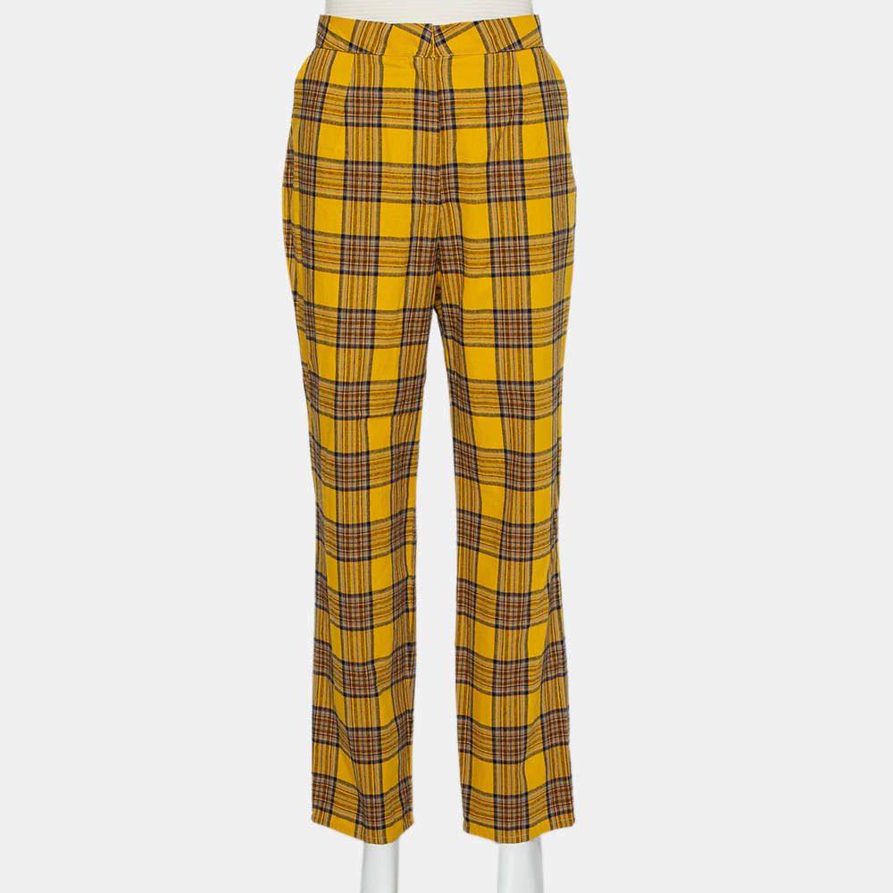 LPA Mustard Yellow Cotton Plaid Slim Trousers L 