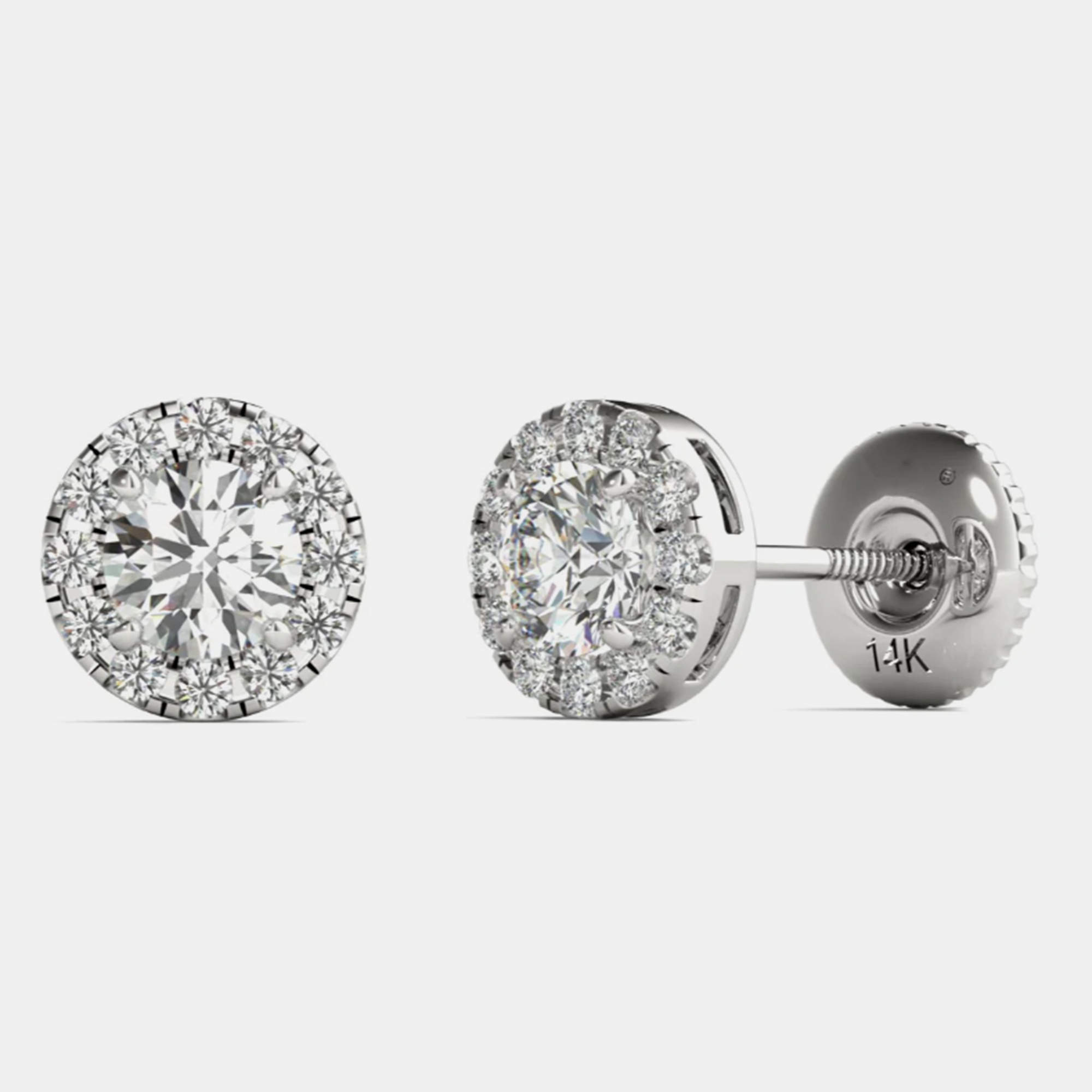 Pre Owned 14K White Gold Natural Diamond Halo Screw Back Earrings (1/2 Ctw)