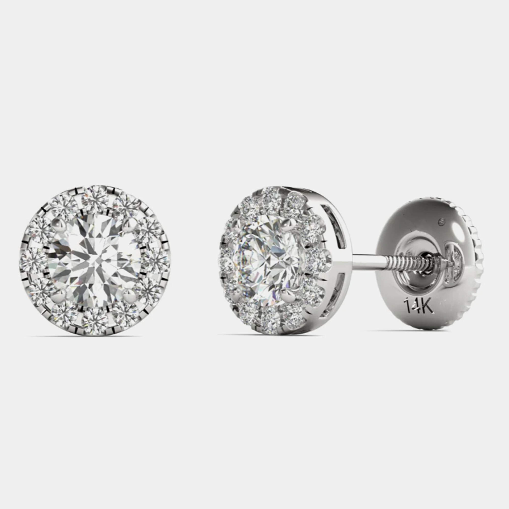 14K White Gold Natural Diamond Halo Screw Back Earrings (1.00 Ctw)
