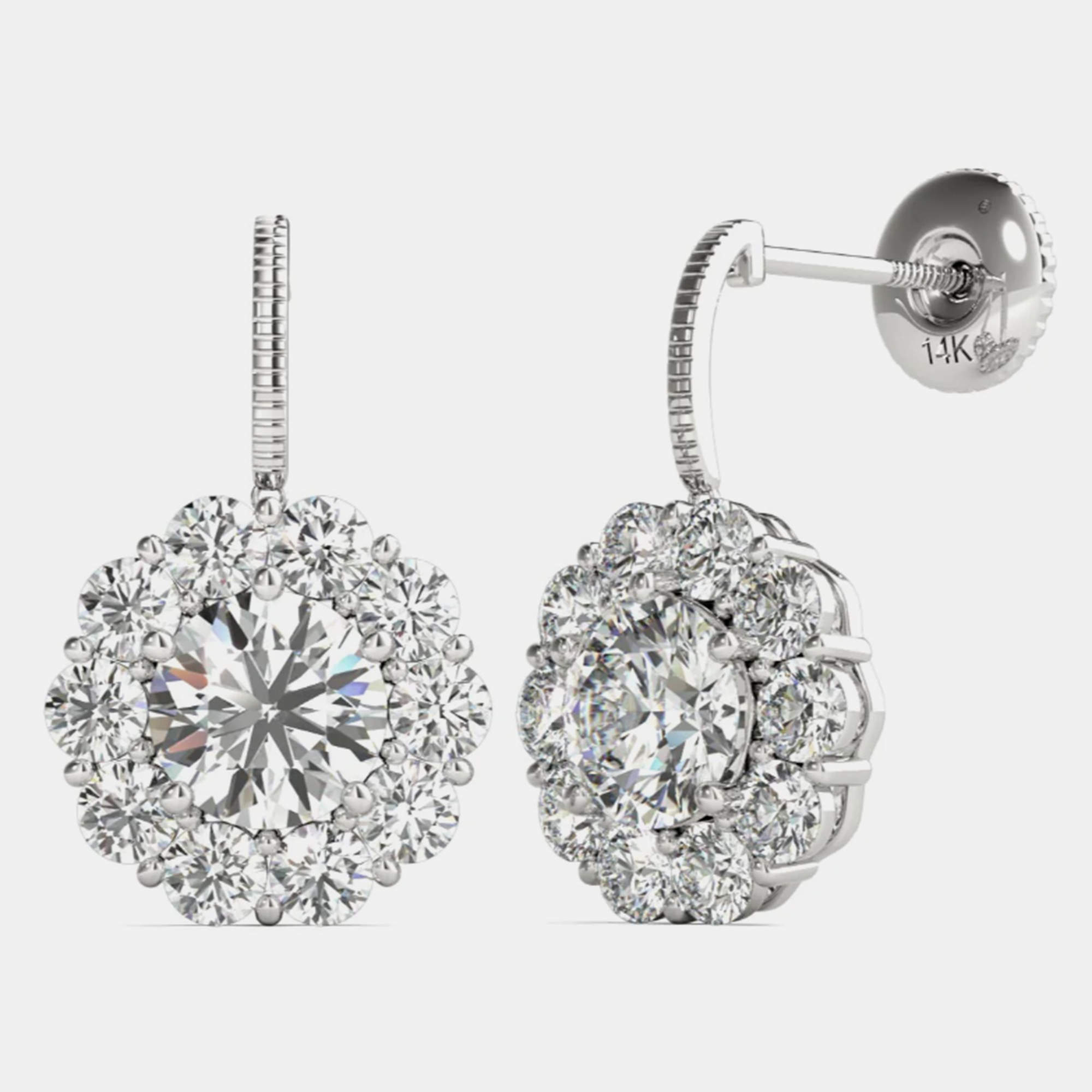 14K White Gold Natural Diamond Dangle Halo Screw Back Earrings (2.20 Ctw)