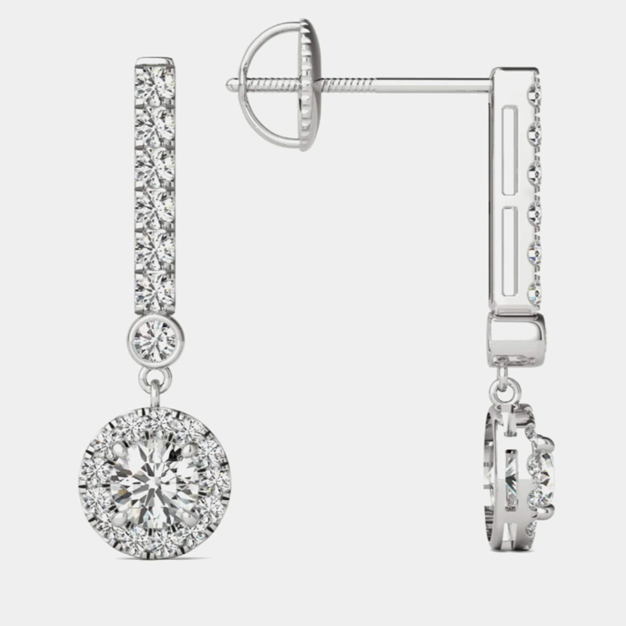 مملوكة مسبقًا 14K Gold Natural Diamond Dangle Halo Screw Back Earrings (3/4 Ctw)