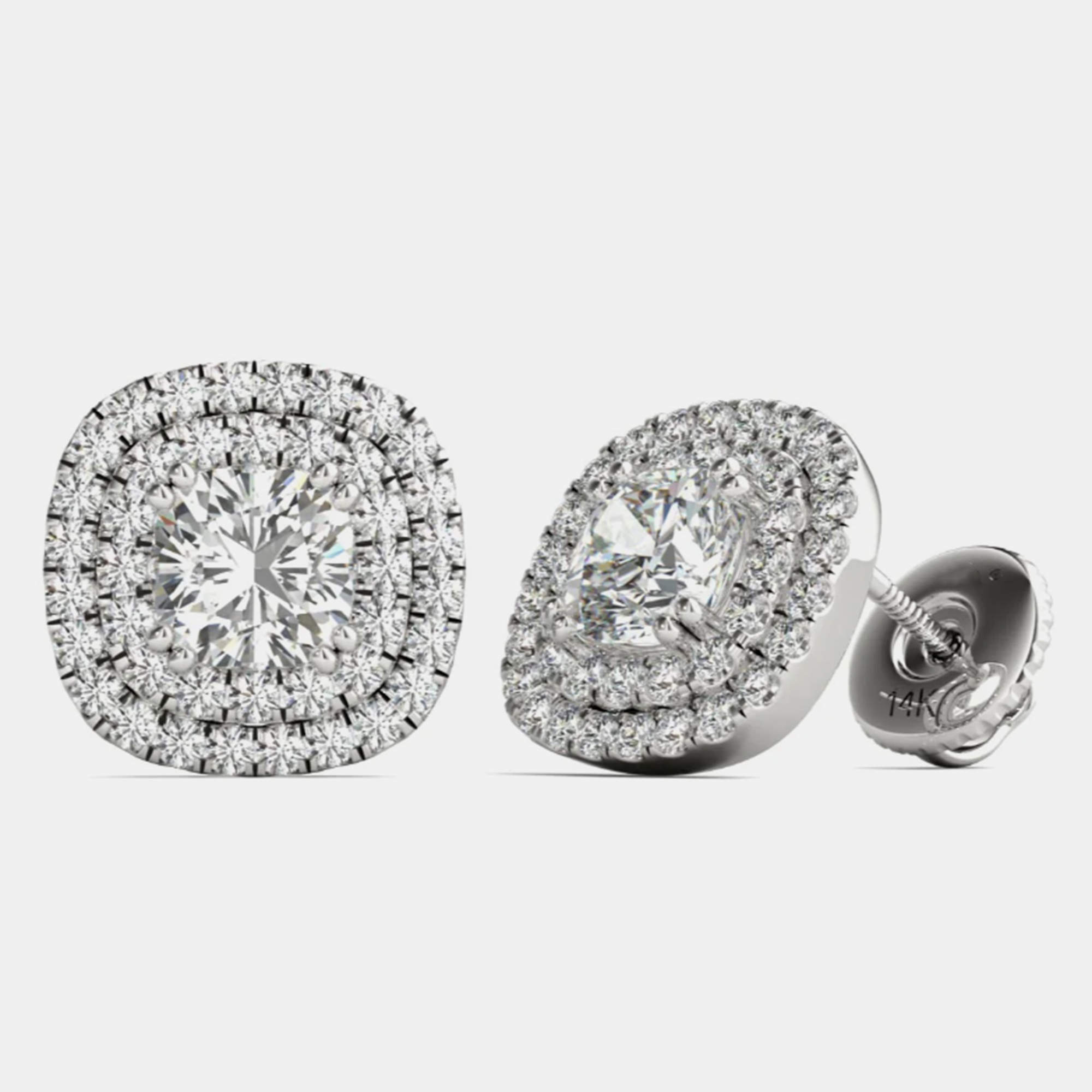 14K Gold Natural Diamond Double Halo Screw Back Earrings (1.00 Ctw)