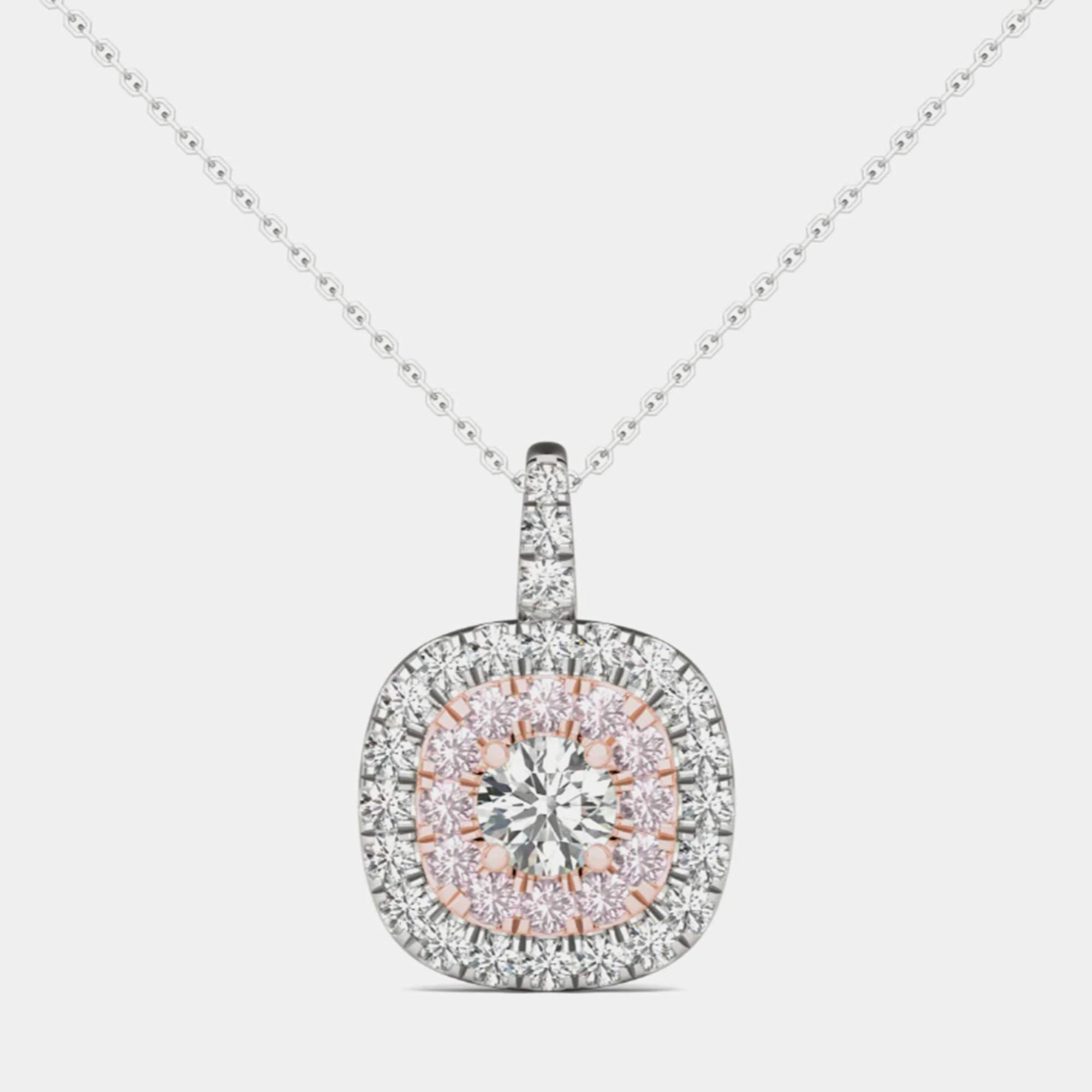 Pre Owned 14K White Gold Natural Diamond Double Halo Pendant (1.00 Ctw)
