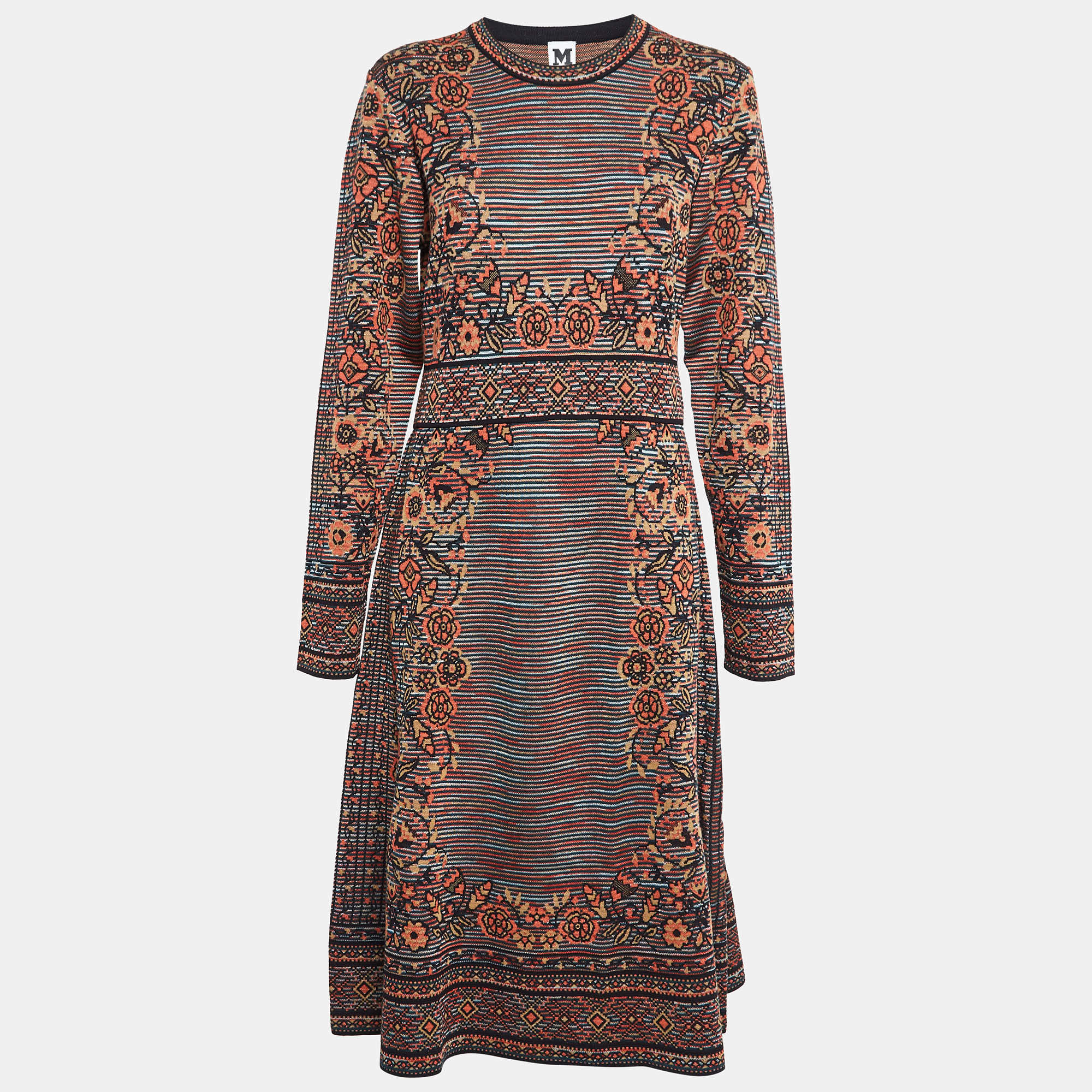 مملوكة مسبقًا M Missoni Denim Patterned Knit Full Sleeve Midi Dress L