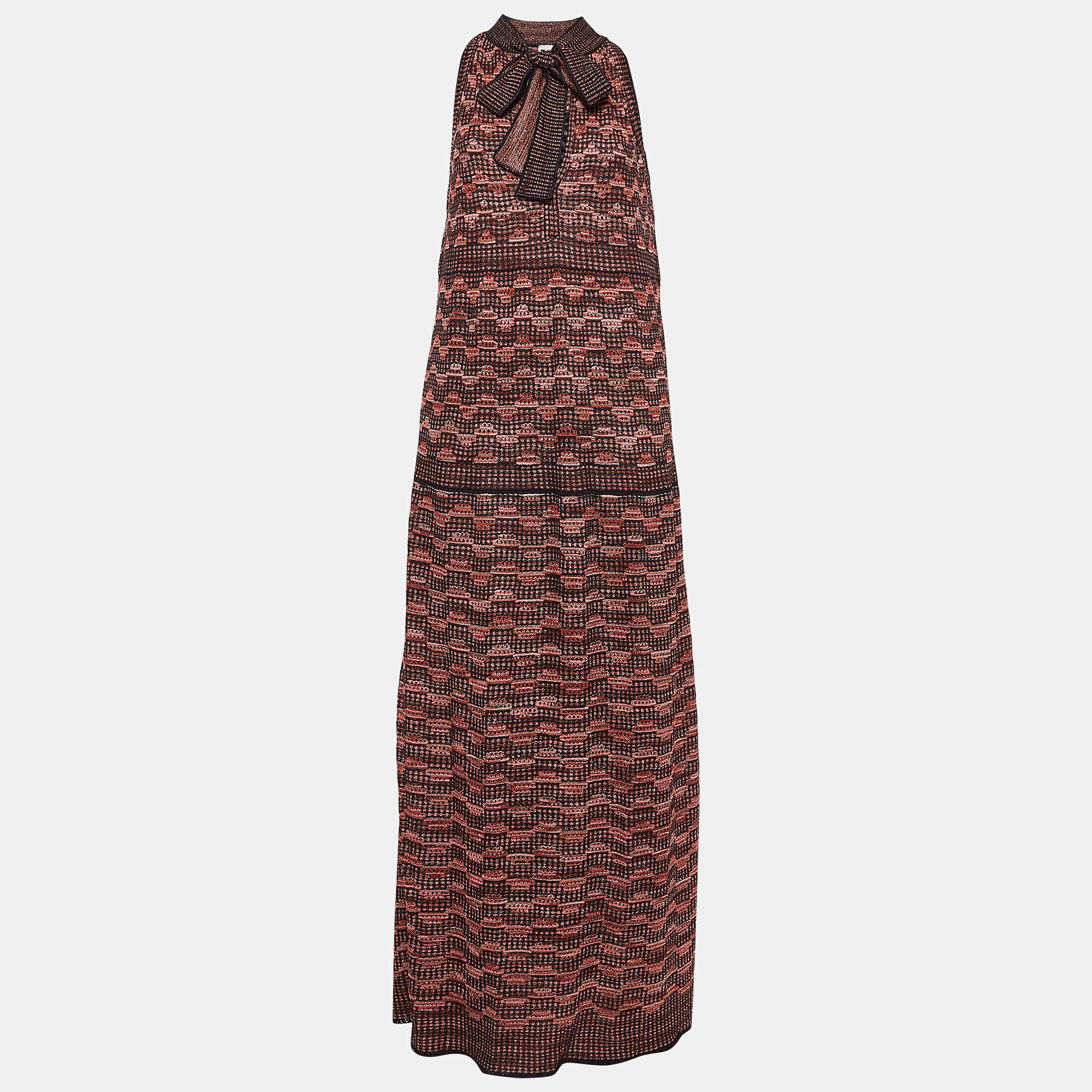 Pre Owned M Missoni Black/Red Patterned Lurex Knit Sleeveless Maxi Dress L
