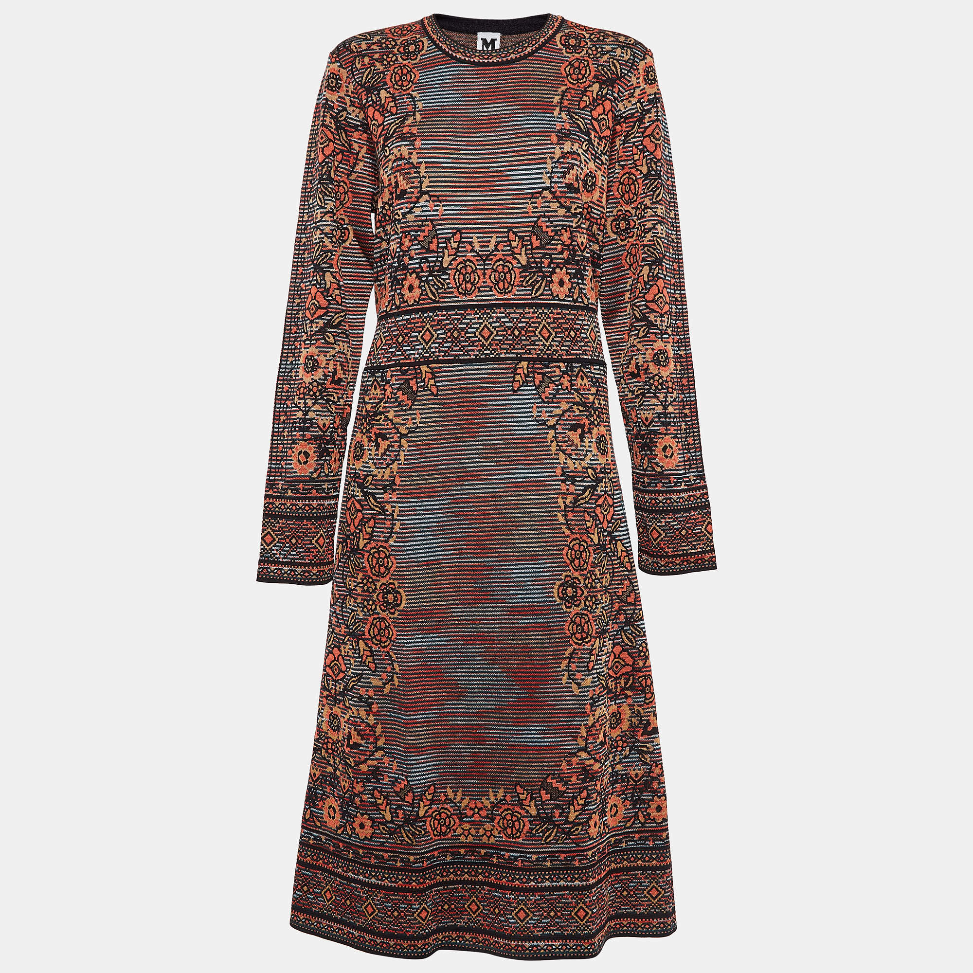 Pre Owned فستان ميدي إم ميزوني نمط تريكو متعدد الألوان بأكمام طويلة مقاس كبير - لارج