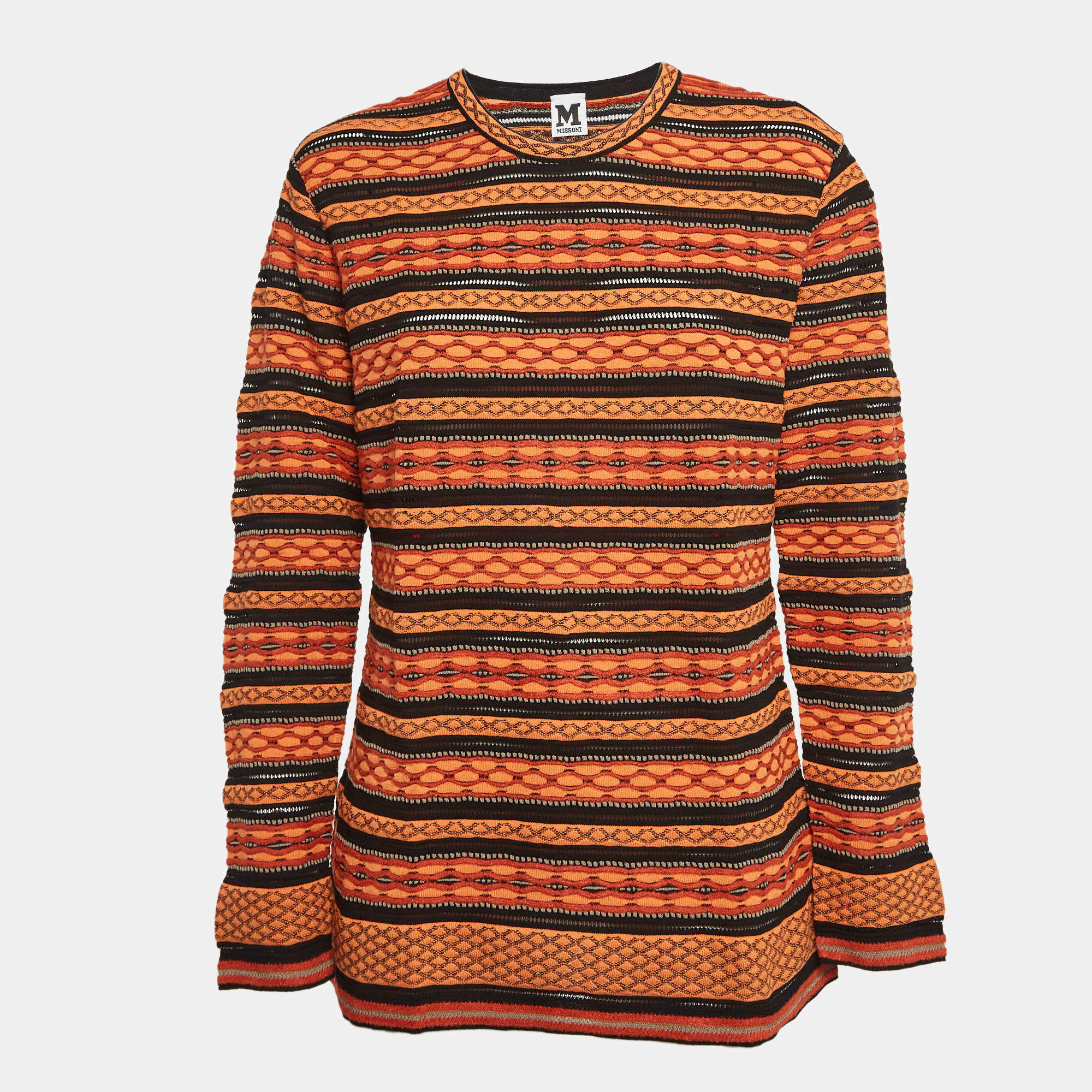 Pre Owned M Missoni Orange/Black Patterned Knit Long Sleeve Top L