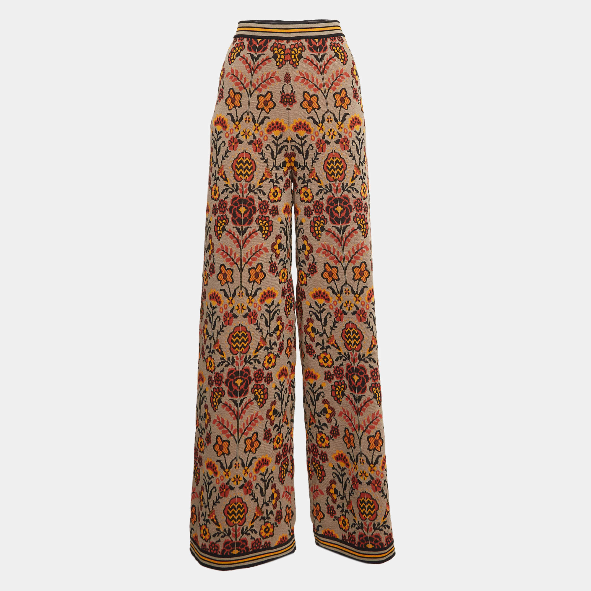 Pre Owned M Missoni Multicolor Floral Pattern Knit Wide Leg Pants L