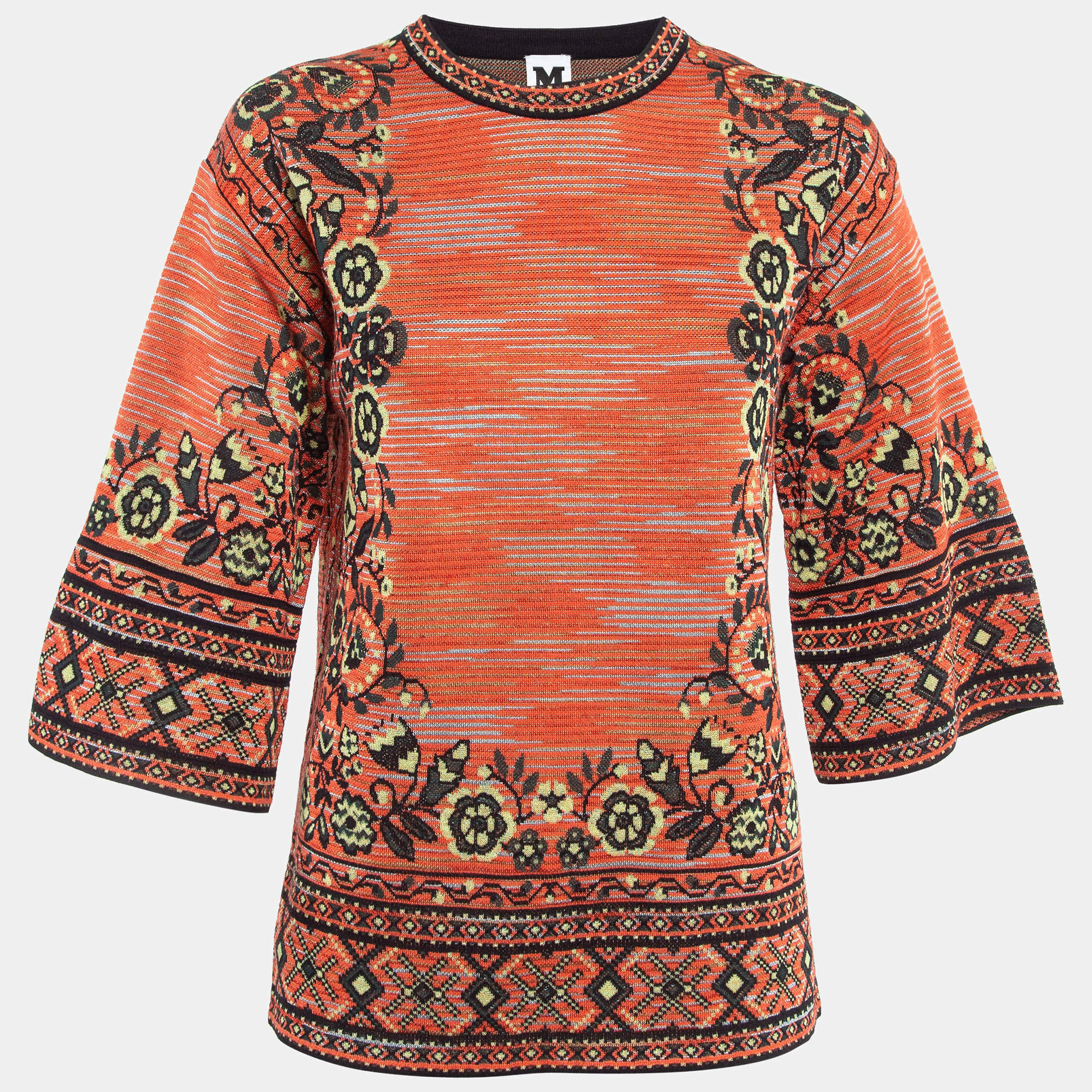Pre Owned M Missoni Orange Floral Jacquard Knit Top M