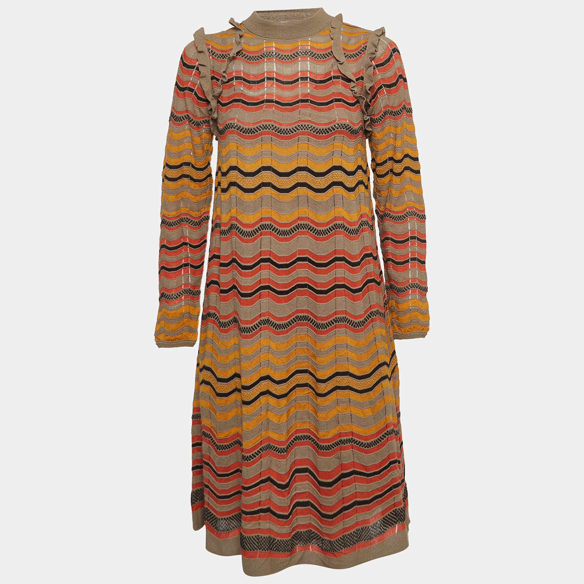 Pre Owned M Missoni Multicolor Patterned Knit Ruffle Detail Midi Dress L