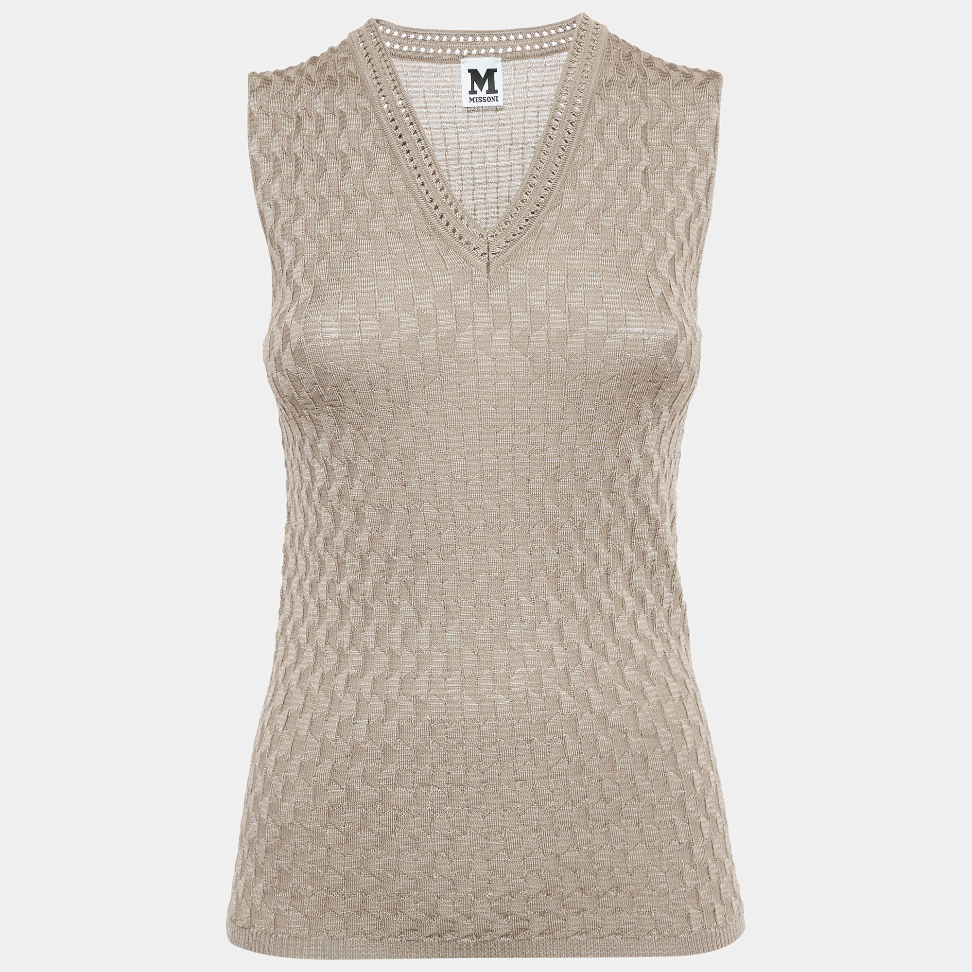 Pre Owned M Missoni Dark Beige Patterned Wool Blend Knit Sleeveless Top S