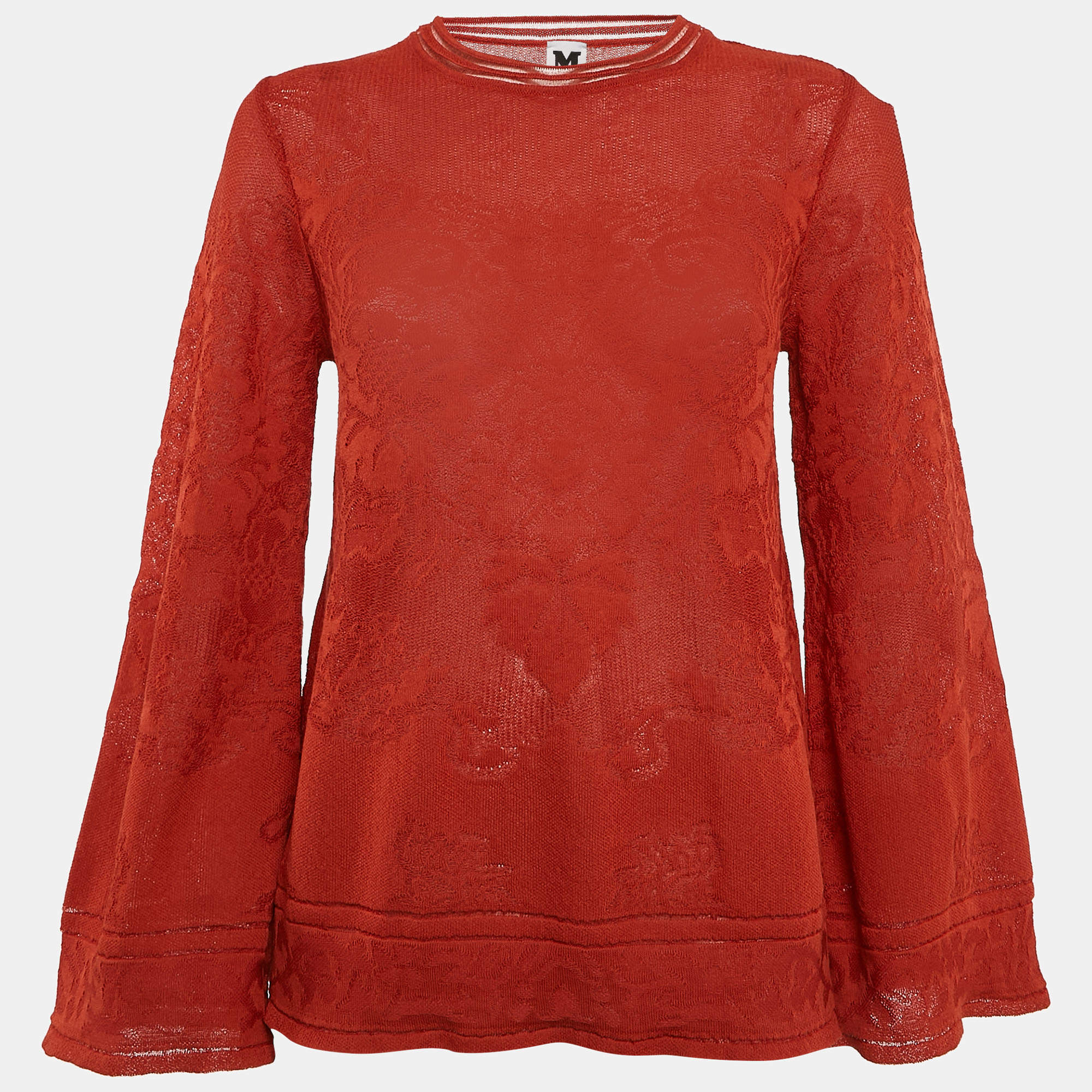 Pre Owned توب أم ميزوني تريكو بنمط برتقالي صدئ مع ياقة دائرية مقاس صغير - سمول