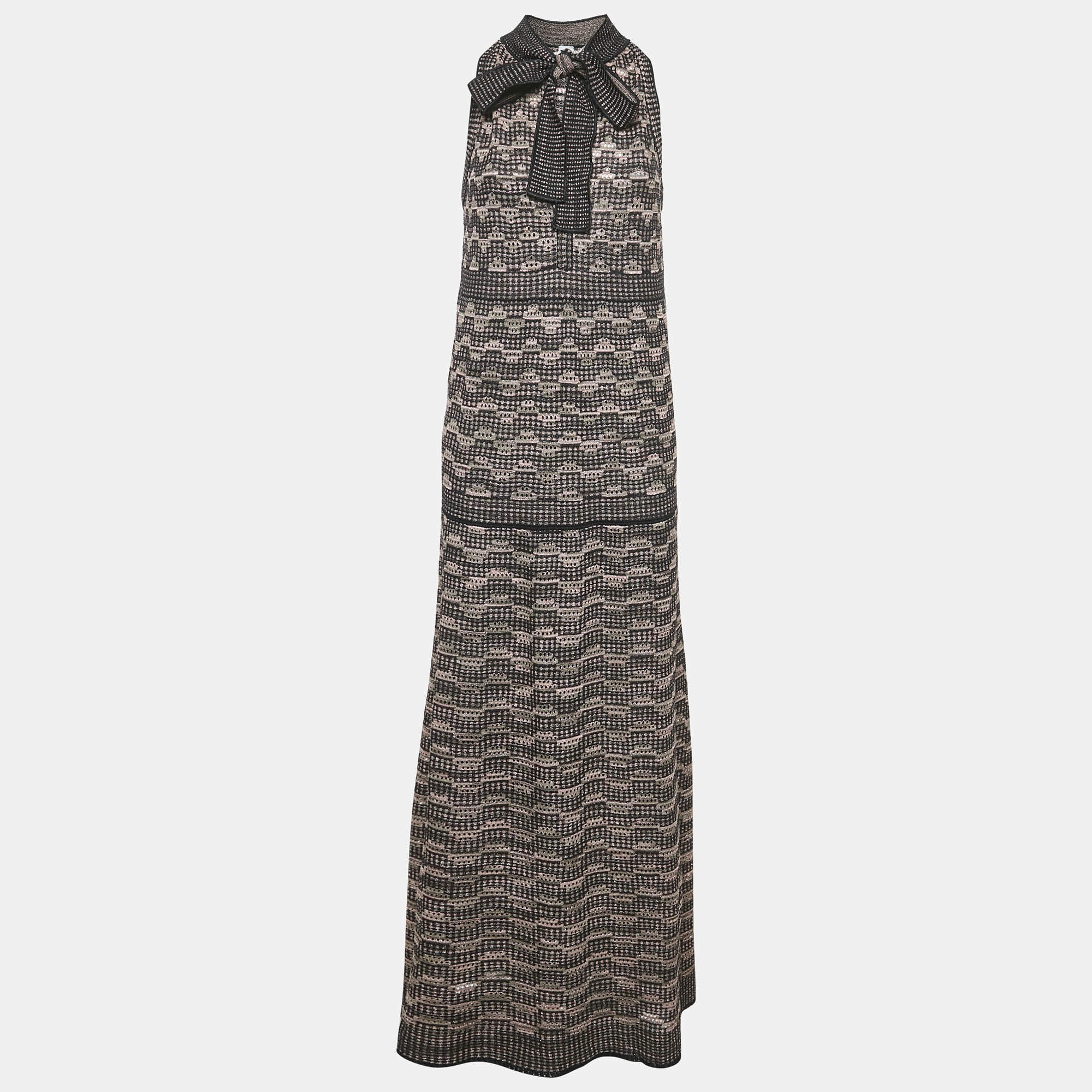 M Missoni Multicolor Pinhole Patterned Lurex Knit Tie-Up Neck Maxi Dress M