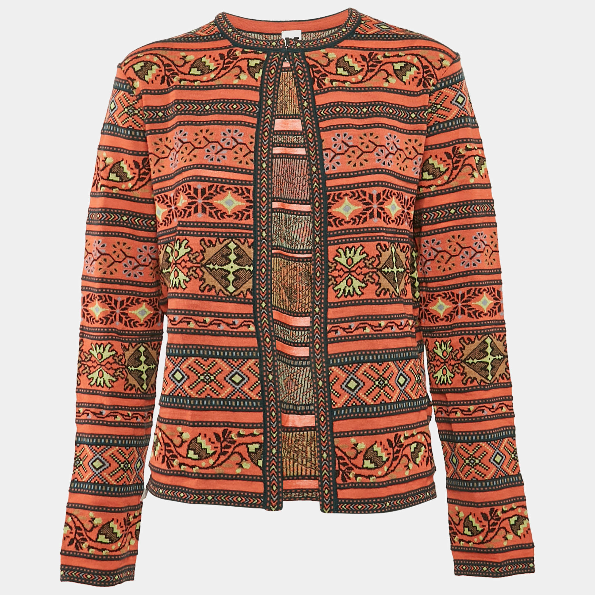 M Missoni Orange/Multicolor Patterned Knit Wool Blend Cardigan L