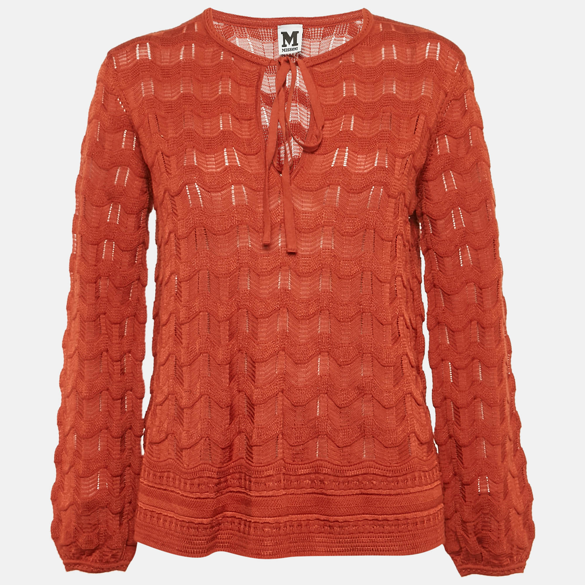 Pre Owned M Missoni Burnt Orange Patterned Knit Long Sleeve Top S